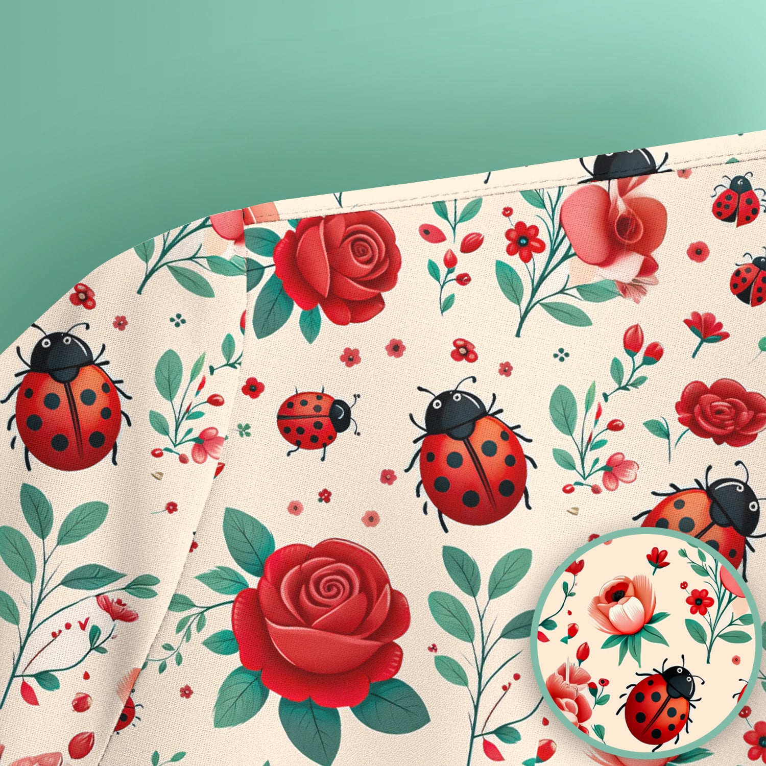 Cute Ladybug Red Rose Floral Pattern Scrub Top, Breathable Fabrics Nursing Uniform