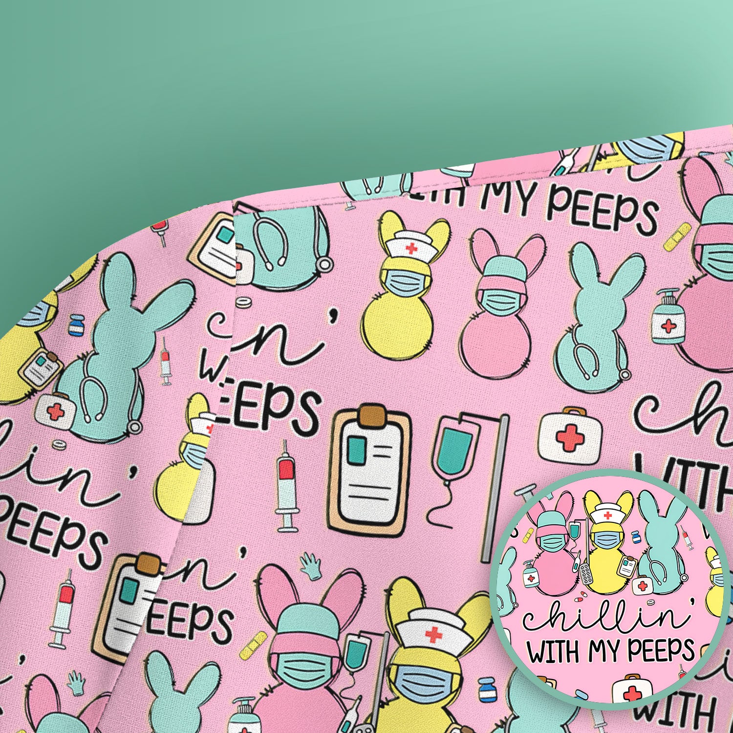 Cute Bunny Nurse Chillin With My Peeps Scrub Top, Comfortable Scrubs for Nurses, Easter