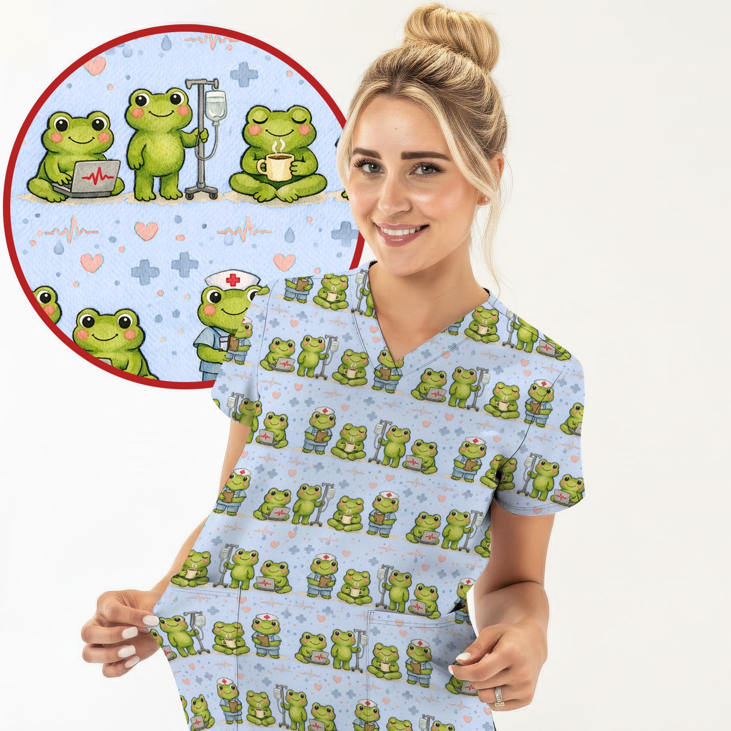 Adorable Frog Nurse Various Poses Print Scrub Top, Comfortable Scrubs for Nurses