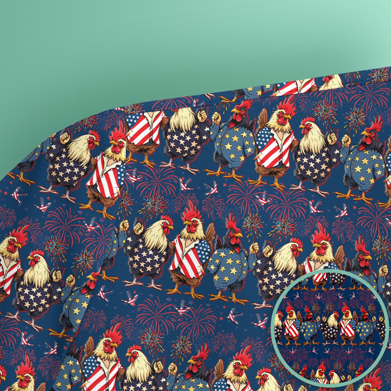 Patriotic Rooster Fireworks Pattern Scrub Top, Comfortable Scrubs for Nurses