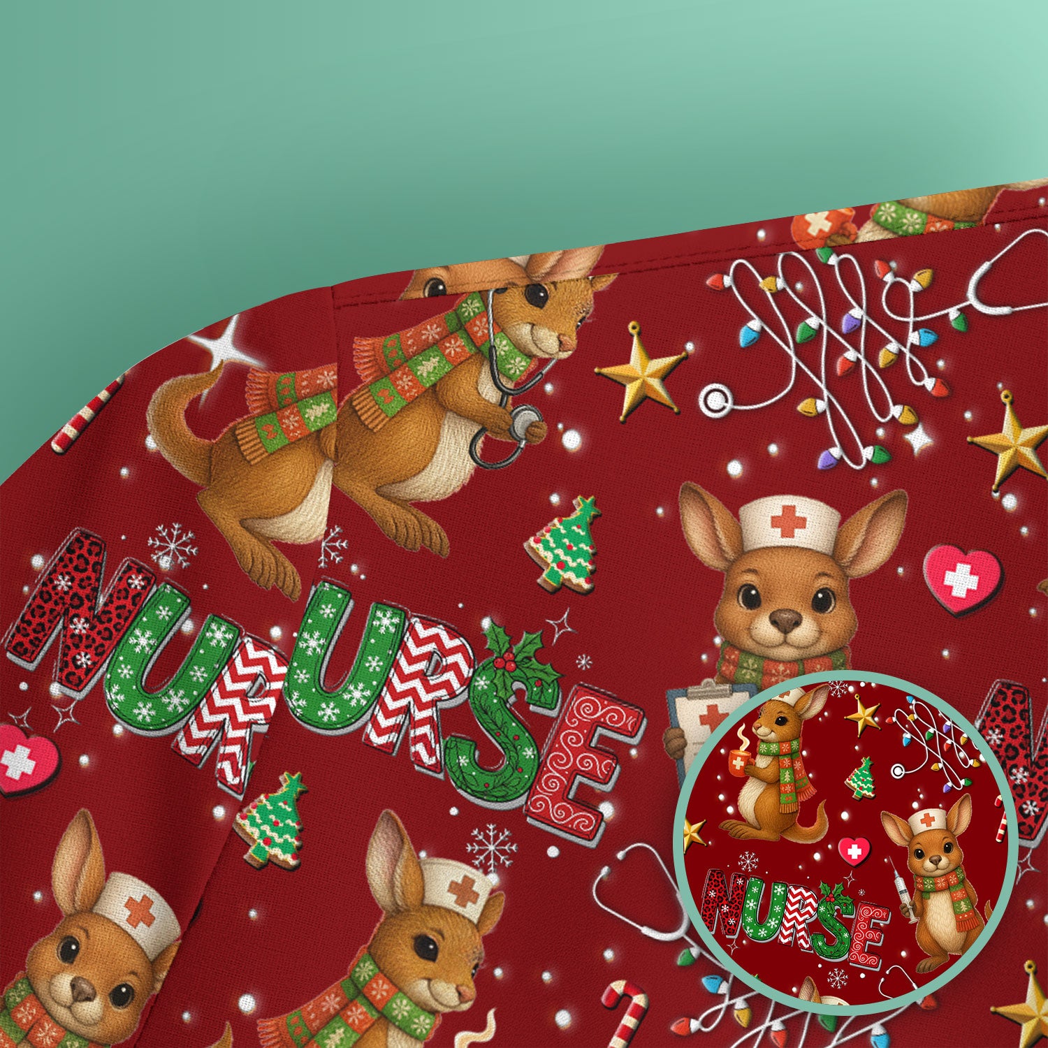 Christmas Kangaroo Nurse Scrub Top - Cute Aussie Holiday Medical Uniform - Funny Xmas Scrubs for Women