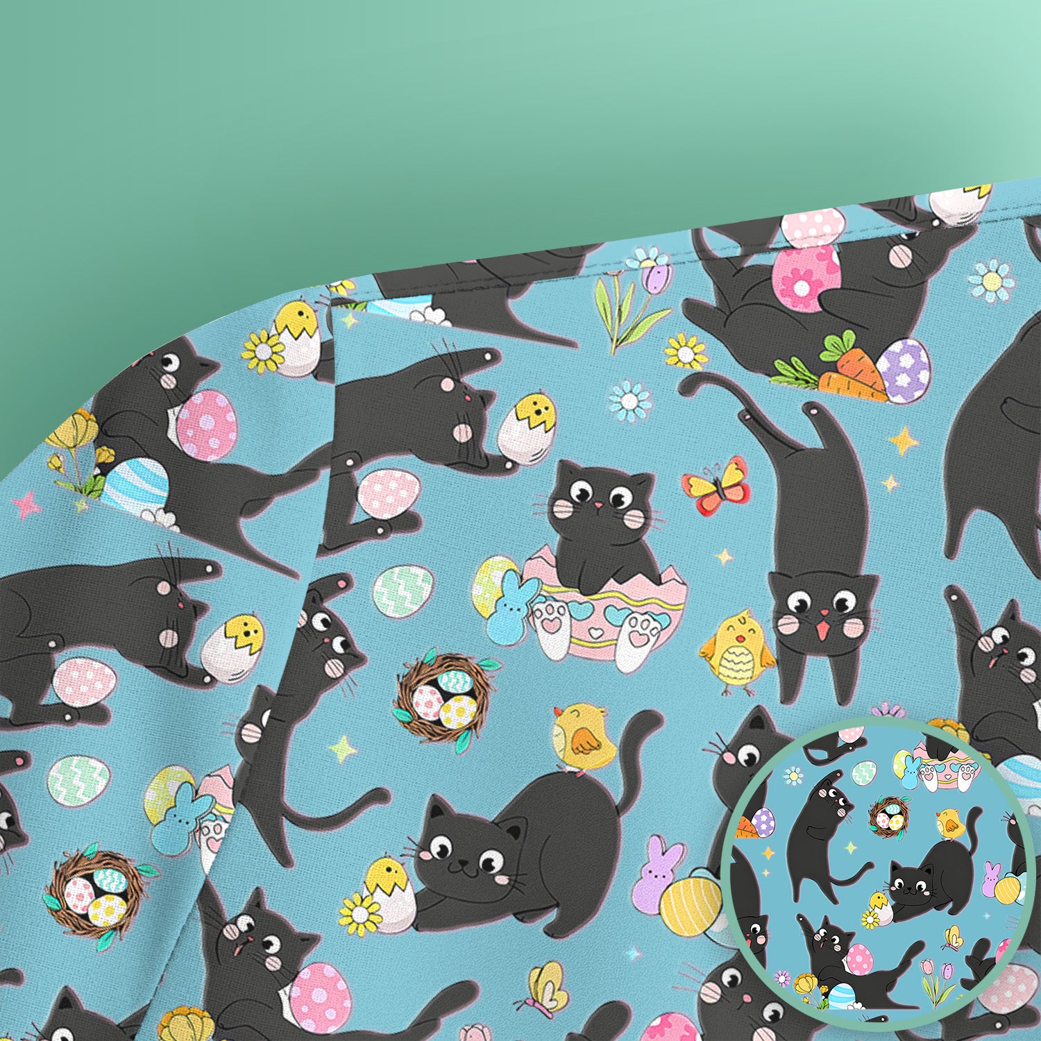 Playful Black Cat Easter Egg Pattern Scrub Top, Comfortable Scrubs for Nurses