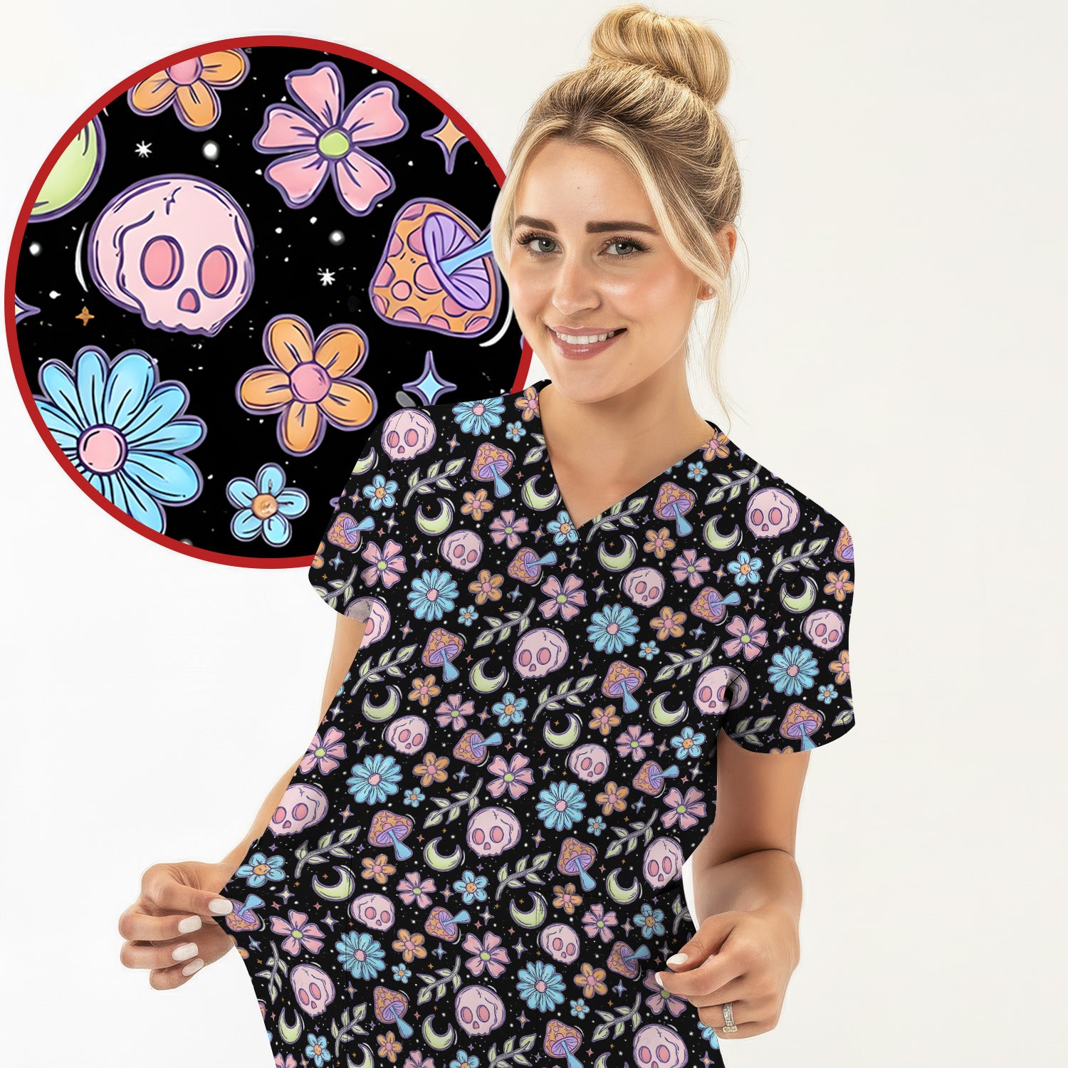 Neon Skull Mushroom Floral Scrub Top, Colorful Gothic Nurse Scrubs Uniform