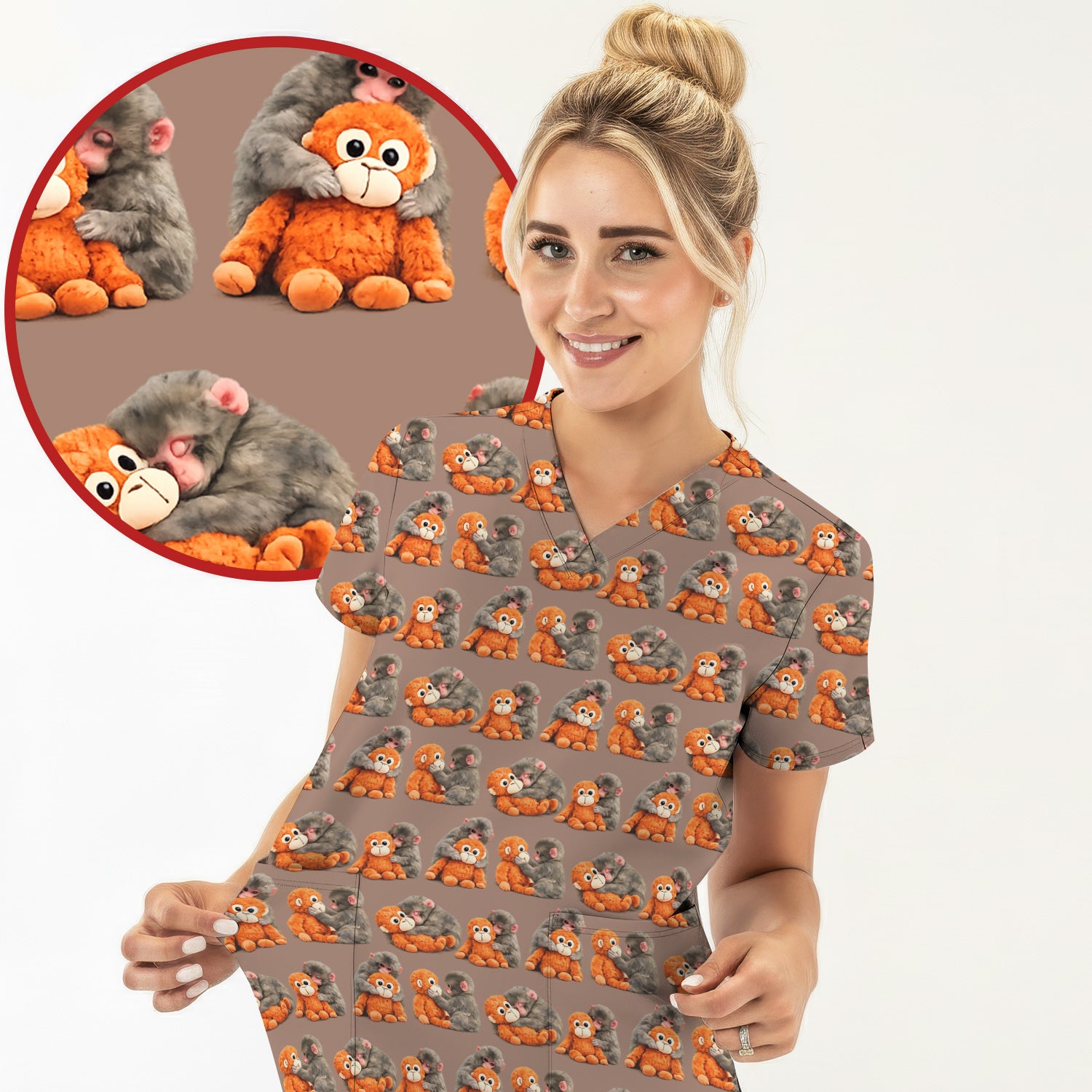 Cute Baby Monkey Plush Toy Animal Pattern Scrub Top, Breathable Medical Uniform Top