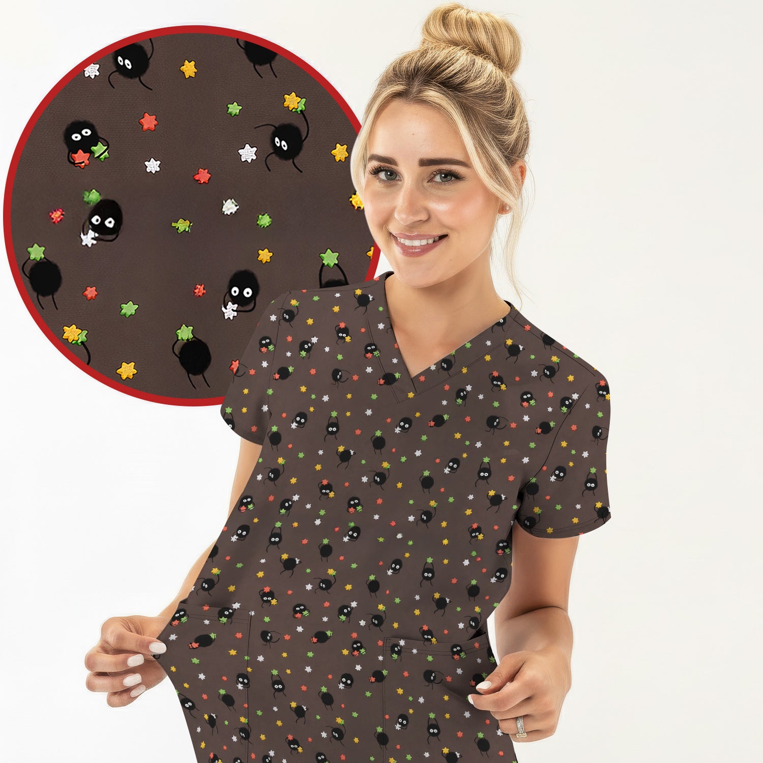 Funny Spider Pattern Pattern Pattern Scrub Top, Cartoon Spider Pattern Nursing Uniform For Women