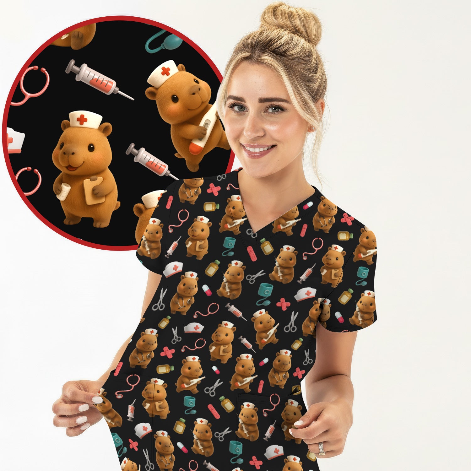 Funny Bear Scrub Top for Women - Nurse Hat and Syringe Pattern Medical Scrubs - Cute Teddy Nurse Shirt Gift for RN CNA LPN
