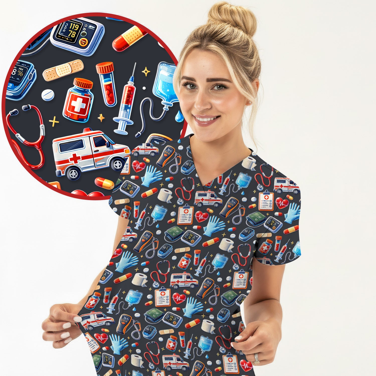 Medical Tools Pattern Ambulance Stethoscope Scrub Top, Comfortable Scrubs for Nurses