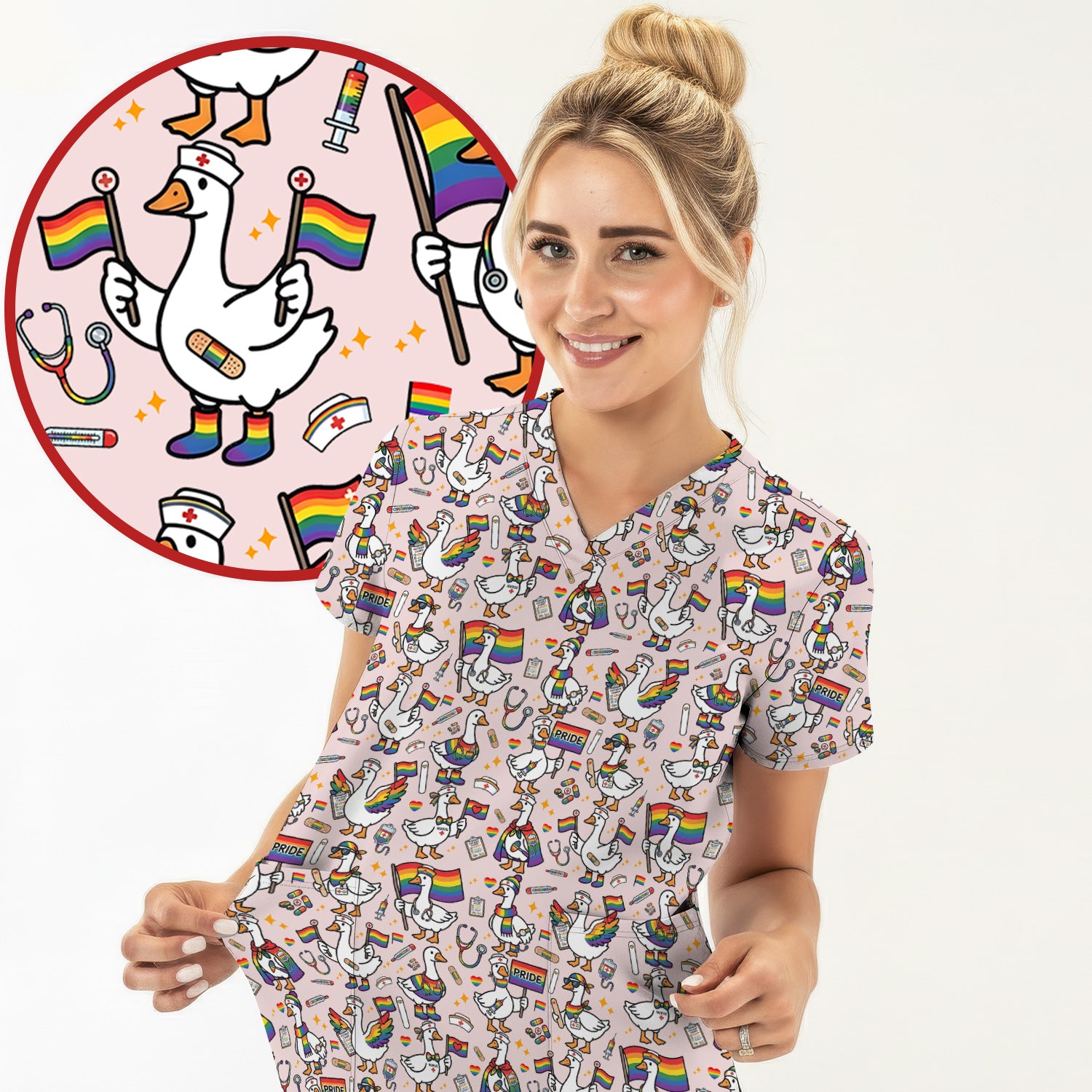LGBT Pride Nurse Duck Pattern Scrub Top, Breathable Fabrics Nursing Uniform
