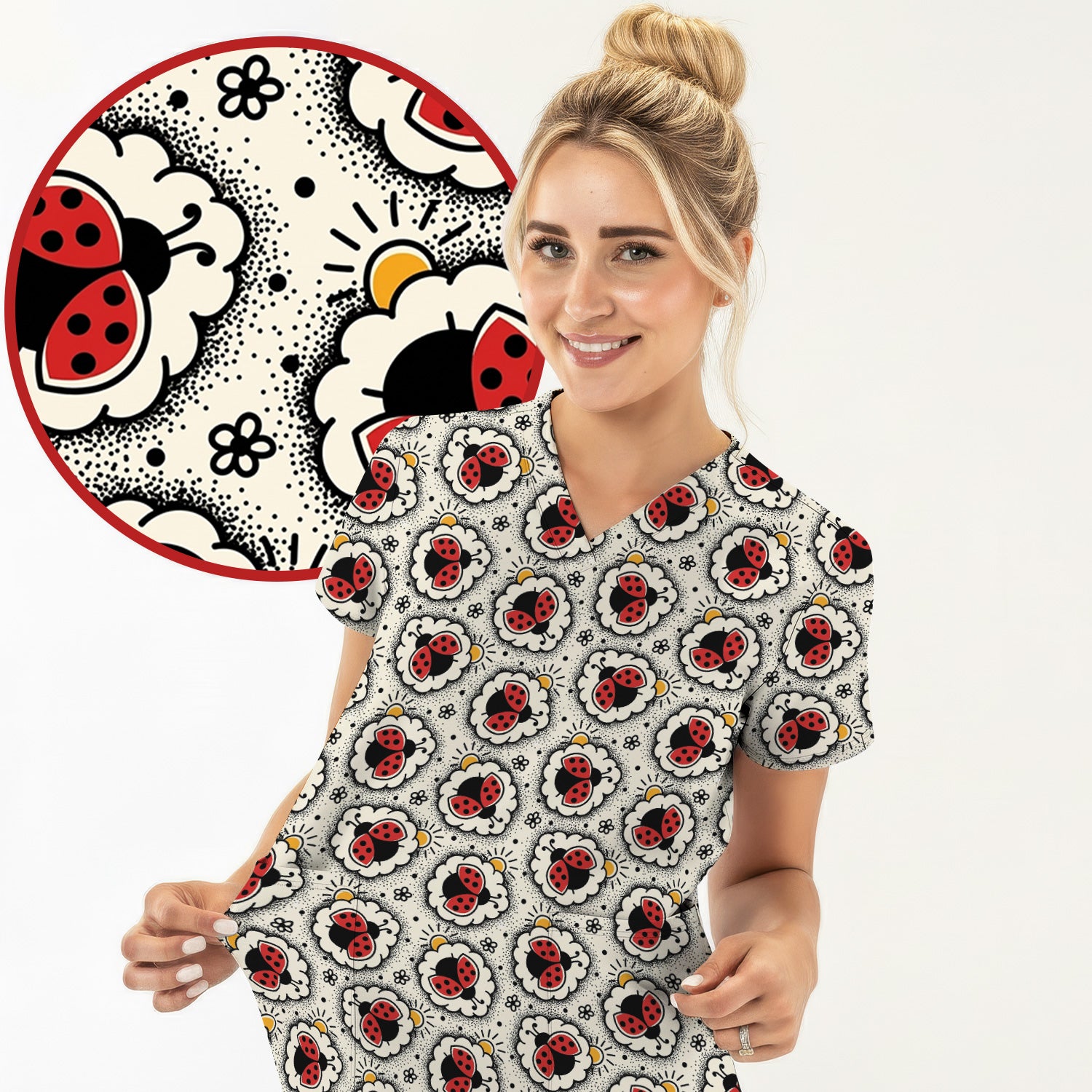 Cute Ladybug in Floral Frame Pattern Scrub Top, Breathable Fabrics Nursing Uniform
