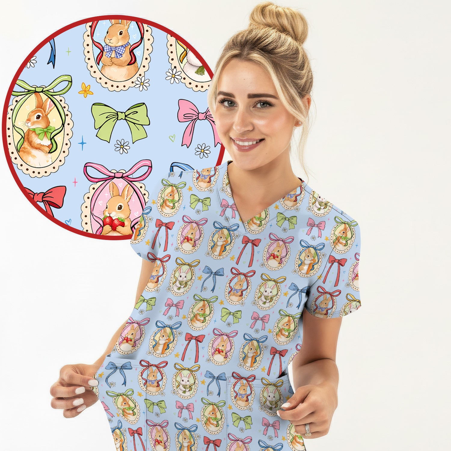 Cute Easter Bunny Cameo Colorful Bow Pattern Scrub Top, Breathable Fabrics Nursing Uniform