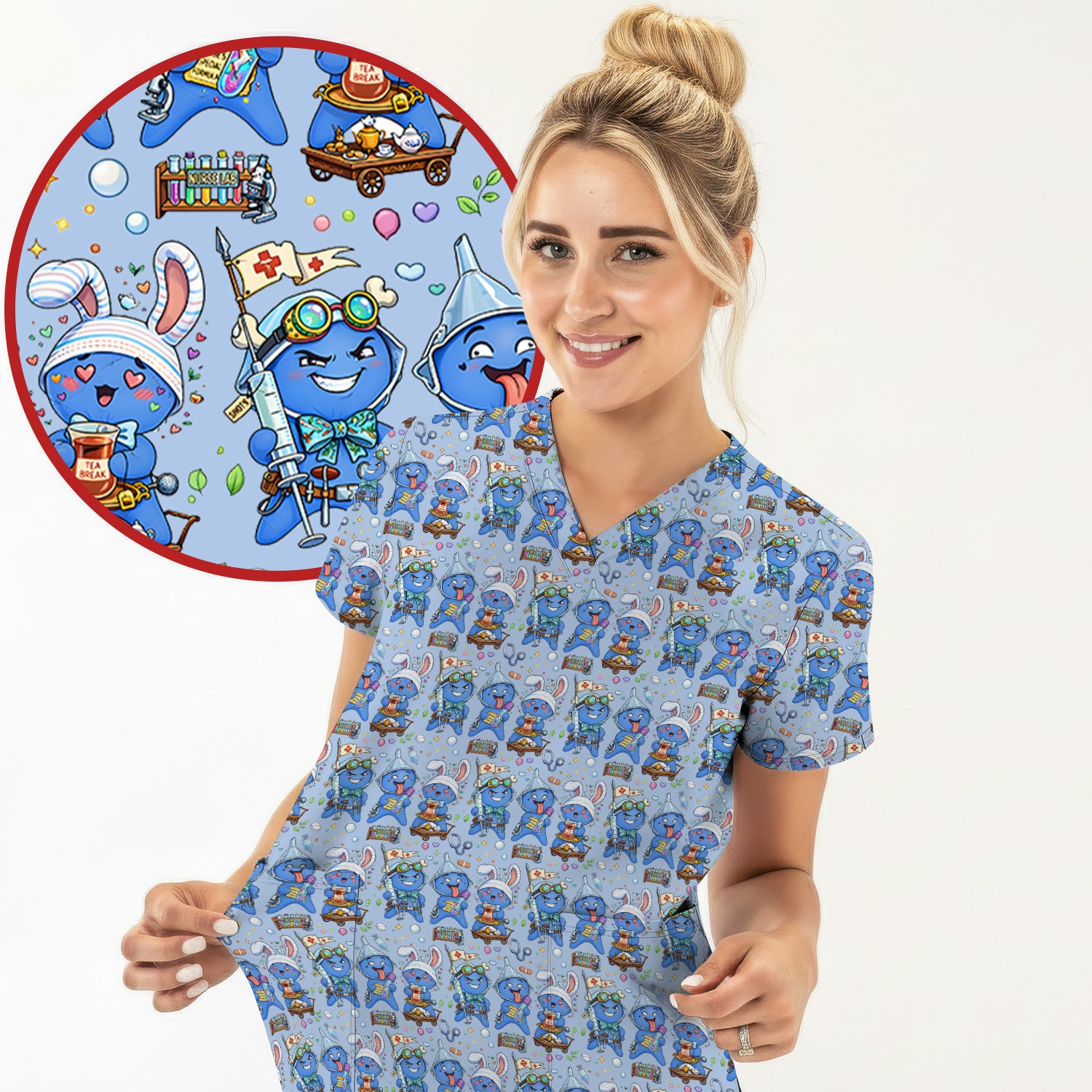 Cute Glove Doll Hospital Medical Cartoon Nurse Pattern Scrub Top, Comfortable Scrubs for Nurses