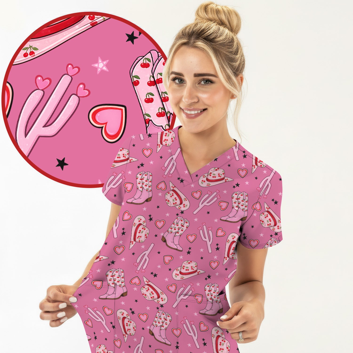 Pink Cowgirl Western Boots Hat Pattern Scrub Top, Breathable Medical Uniform Top