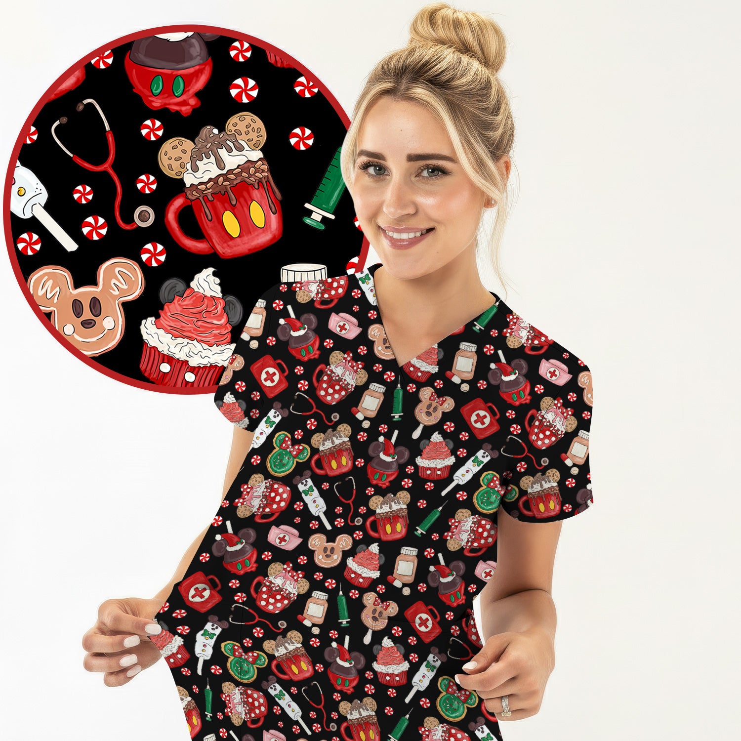 Funny Gingerbread Christmas Scrub Top - Cute Candy Cupcake Nurse Shirt - Holiday Medical Uniform RN CNA LPN
