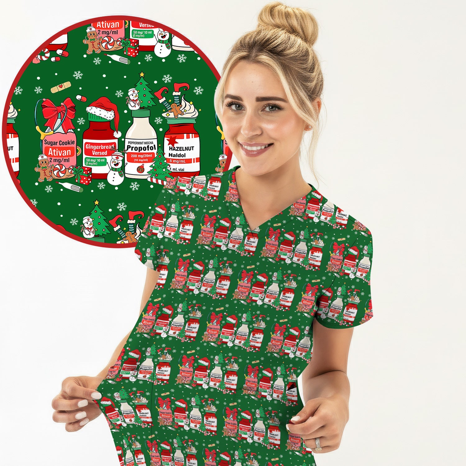 Funny Christmas Medication Scrub Top – Festive Holiday Pharma Bottles Pattern – Playful Medical Uniform for Nurses, Pharmacists & Healthcare Workers