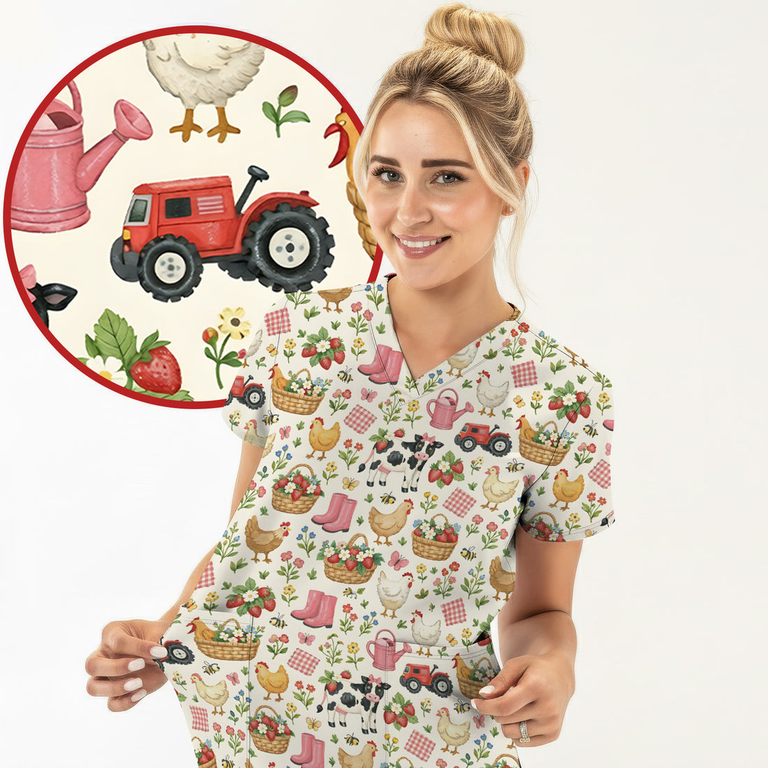 Whimsical Farm Animals Garden Pattern Scrub Top, Comfortable Scrubs for Nurses