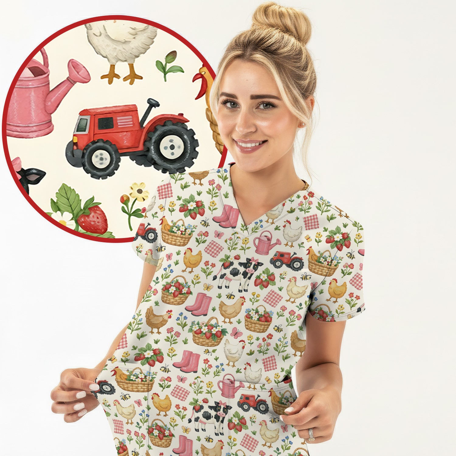 Whimsical Farm Animals Garden Pattern Scrub Top, Comfortable Scrubs for Nurses