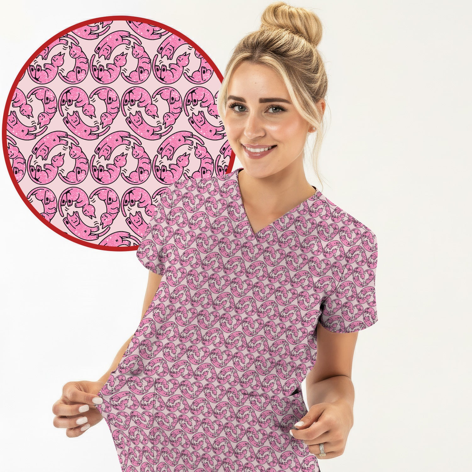 Cute Pink Cat Cartoon Pattern Scrub Top, Comfortable Scrubs for Nurses