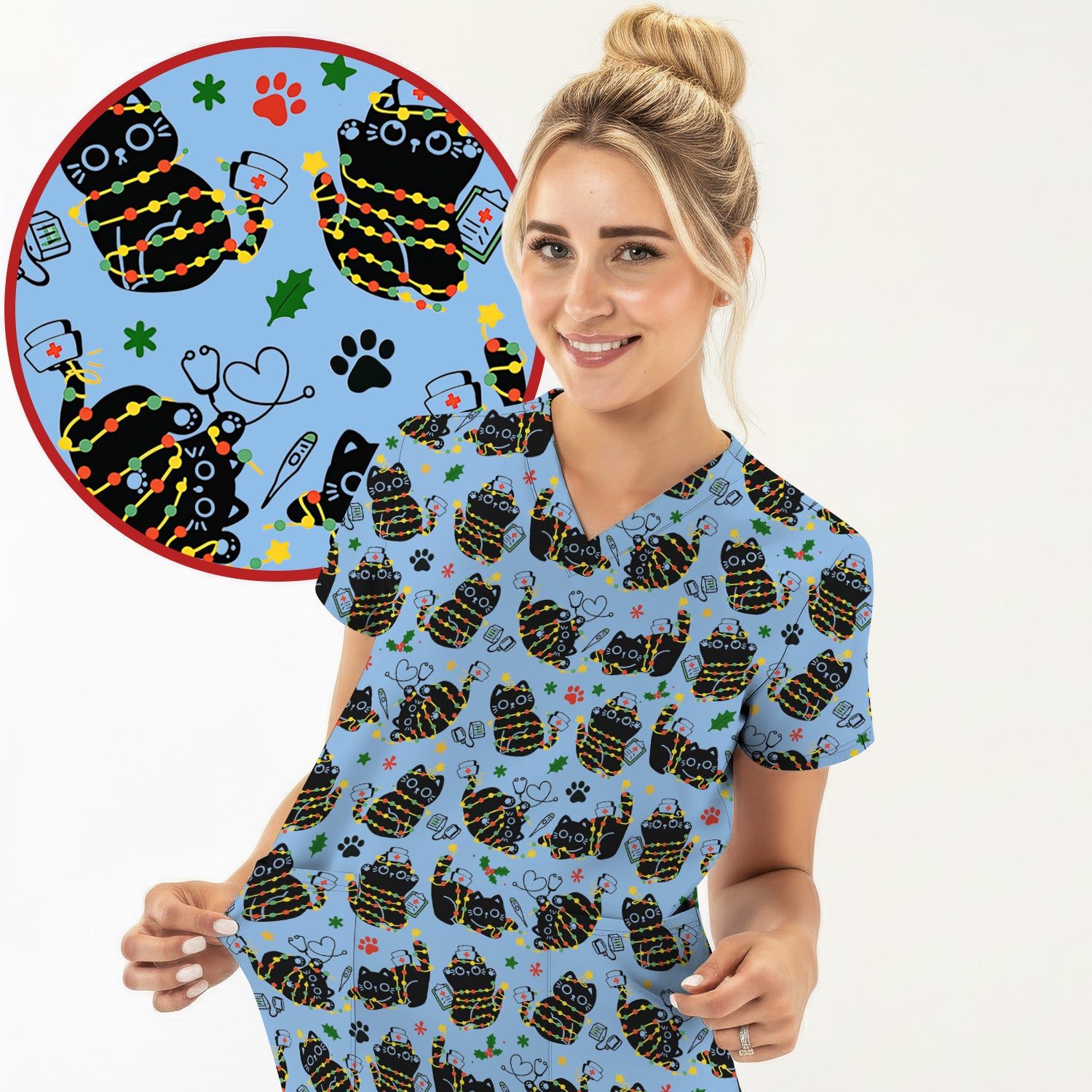 Black Cat Christmas Scrub Top – Nurse & Holiday Lights Pattern Shirt – Cute Medical Uniform For Nursing