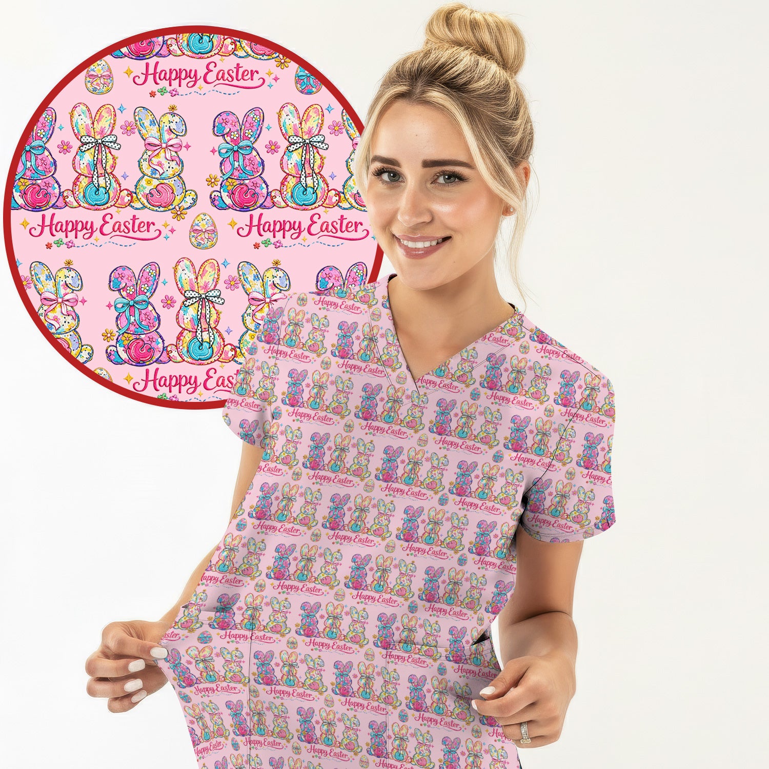 Pink Happy Easter Bunny Pattern Scrub Set, Scrub Pants and V Neck Top