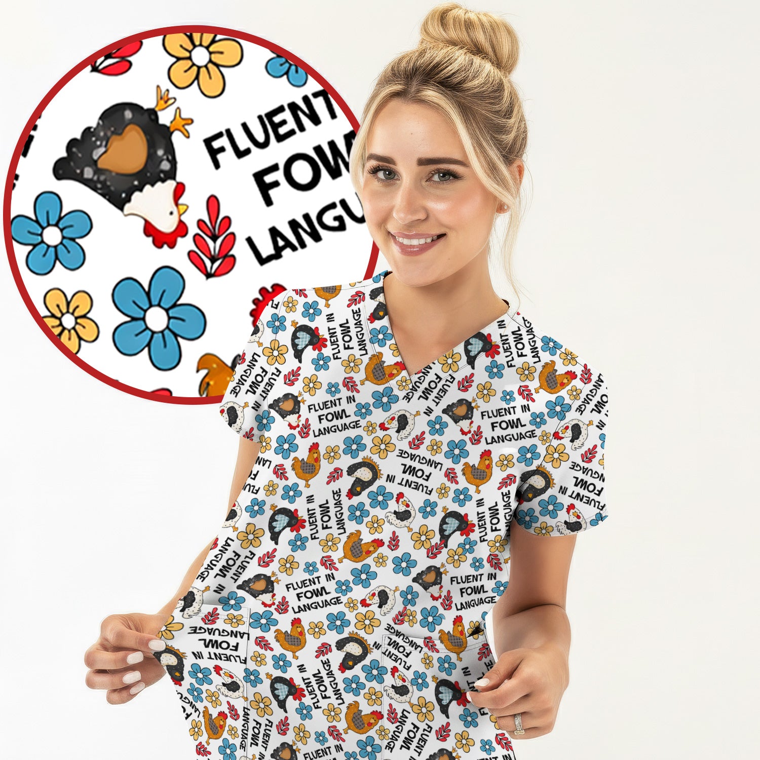 Funny Chicken Fluent in Fowl Language Pattern Scrub Top, Comfortable Scrubs for Nurses