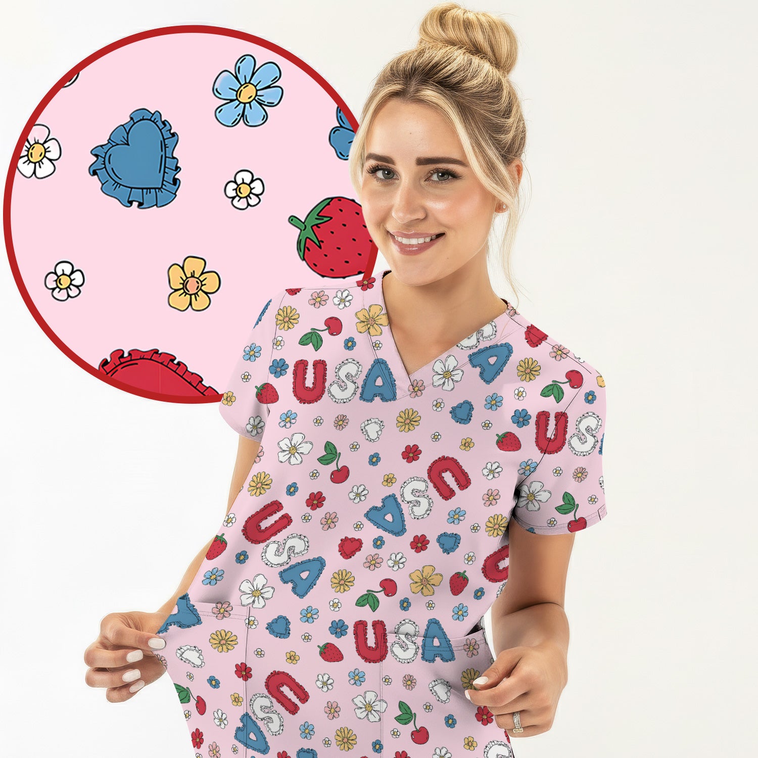 USA Cherry Strawberry Floral Patch Pattern Scrub Top, Comfortable Scrubs for Nurses