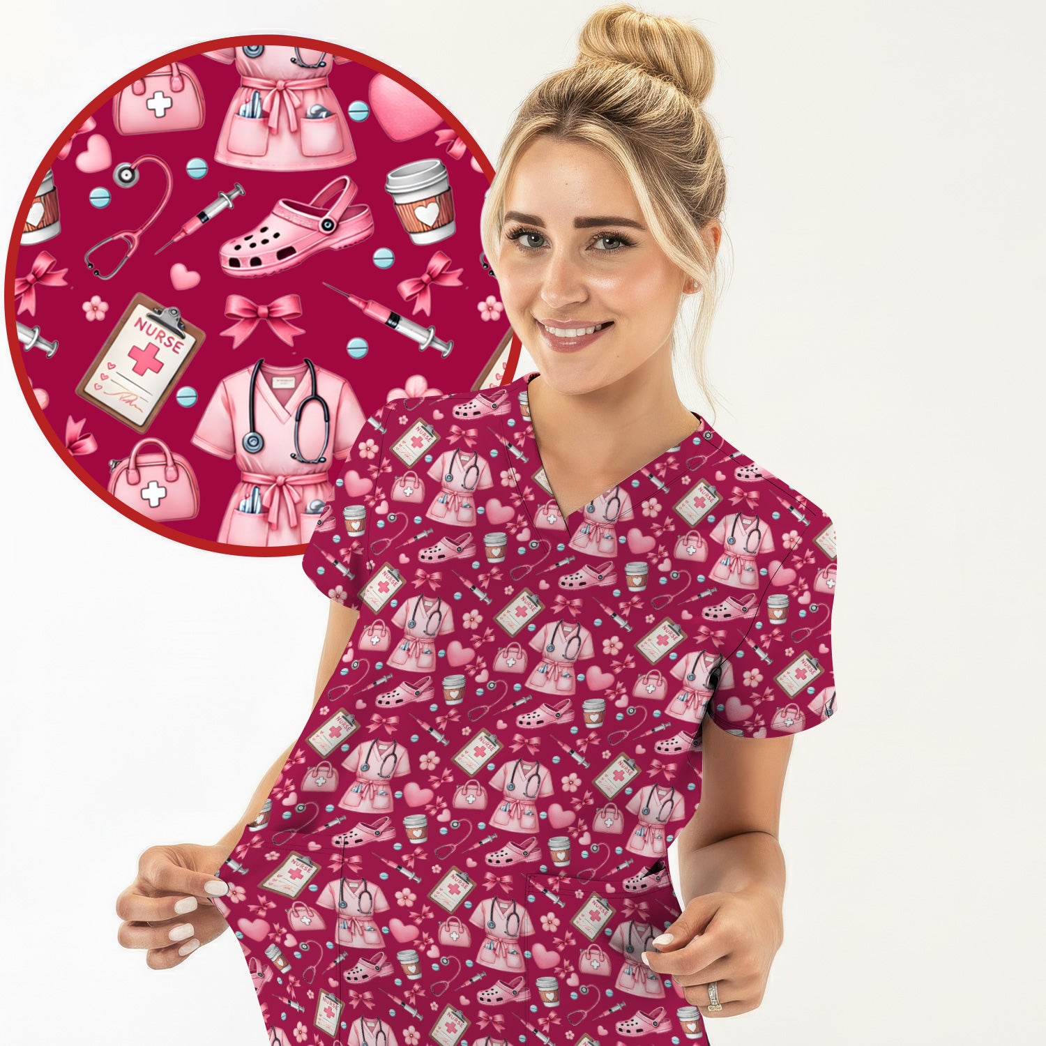 Valentine Pink Nurse Icons Print Scrub Top, Comfortable Scrubs for Nurses