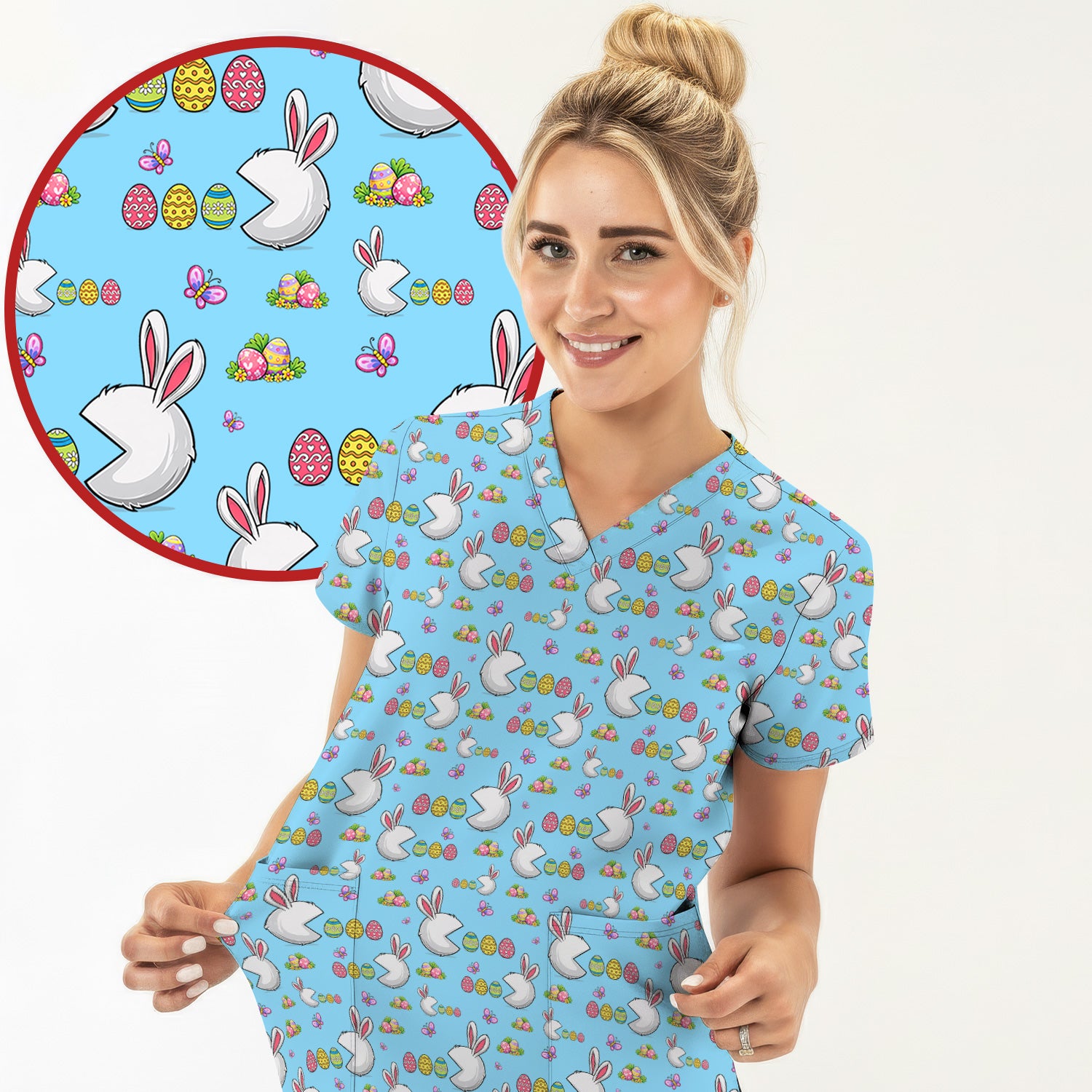 Easter Bunny and Colorful Eggs Print Scrub Top, Breathable Fabrics Nursing Uniform