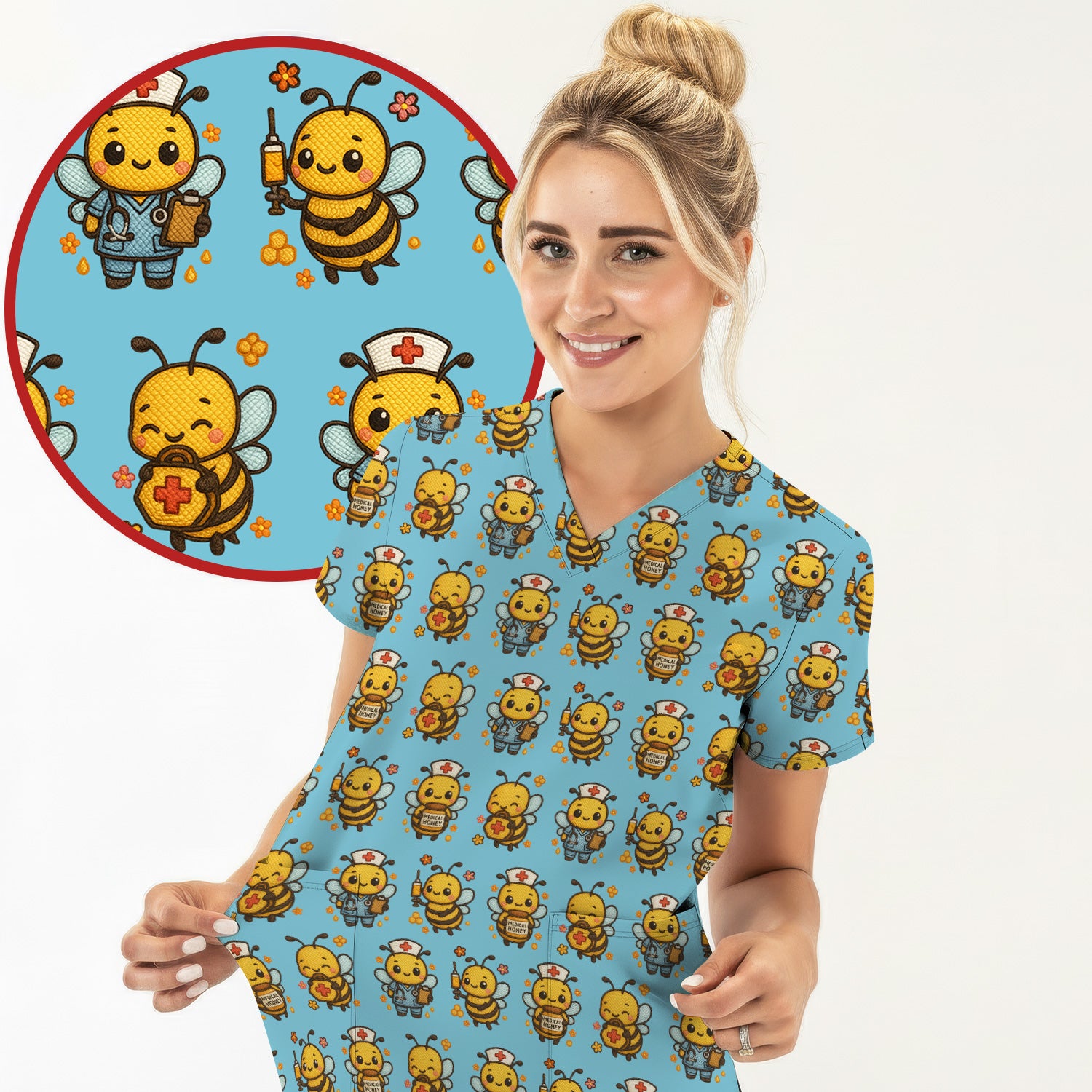 Cute Nurse Bee Scrub Top, Kawaii Medical Honey Bee Pattern Shirt for Nursing Professionals
