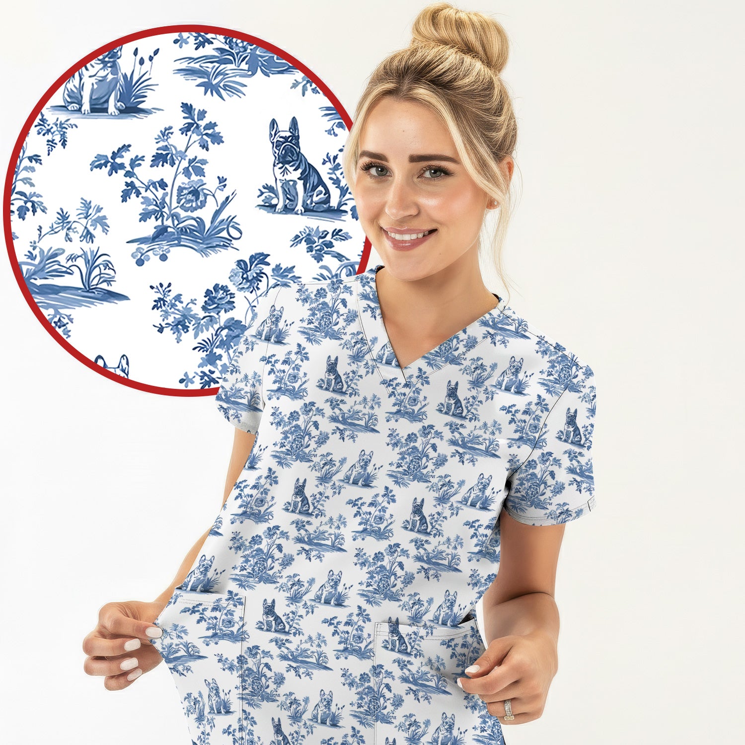 German Shepherd Toile De Jouy Scrub Top, Vintage Dog Pattern Nurse Scrub Shirt, Cute Vet Tech Uniform