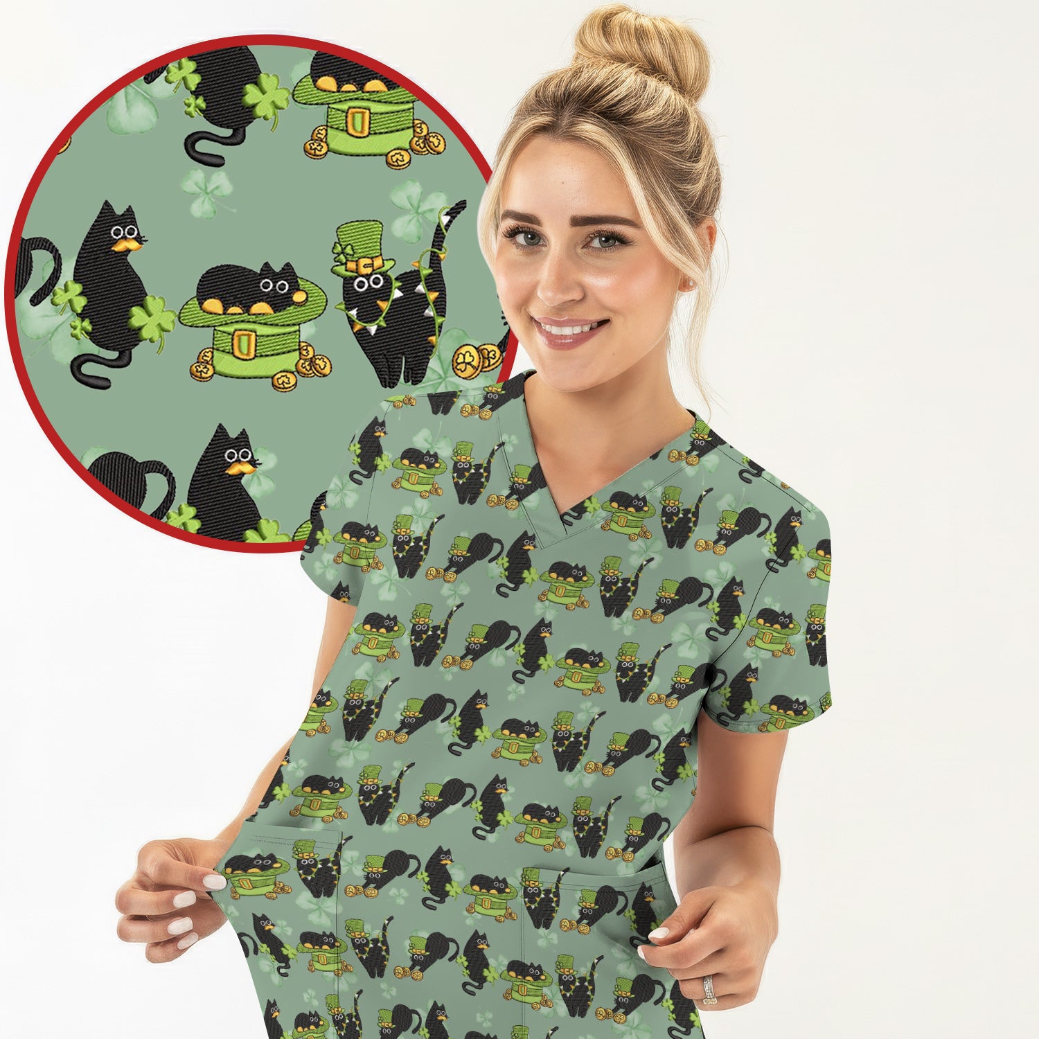St. Patrick Black Cat Clover Print Nurse Scrub Top, Comfortable Scrubs for Nurses