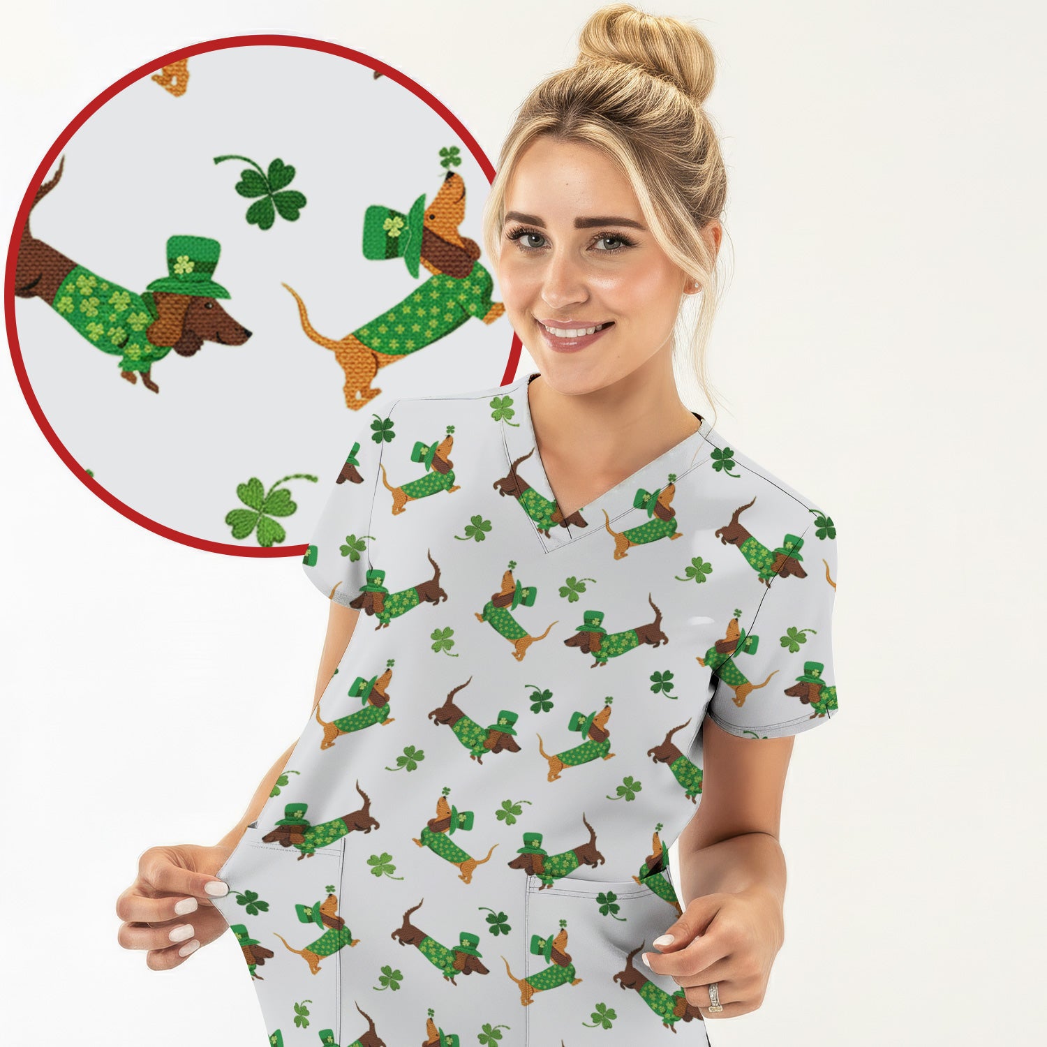 St. Patrick’s Day Dachshund Scrub Top, Funny Wiener Dog Nurse Shirt, Breathable Fabrics Nursing Uniform