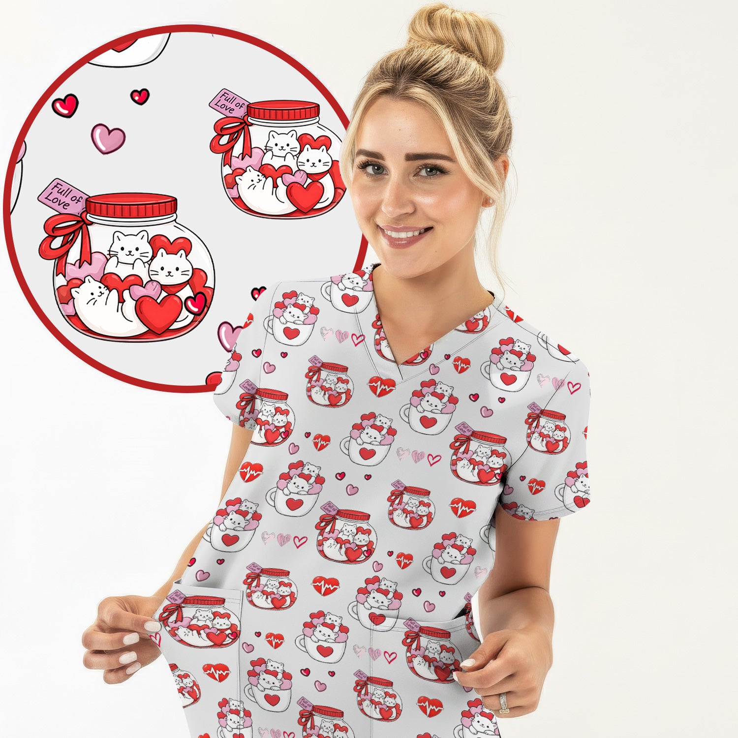 Cute Cat Valentine Nurse Scrub Top, Comfortable Scrubs for Nurses