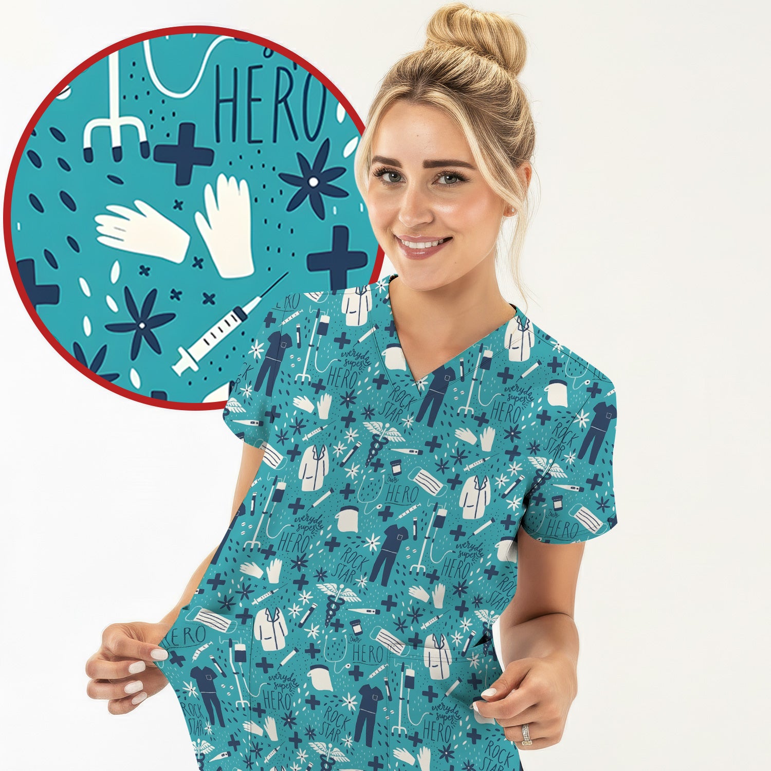 Inspirational Healthcare Hero Medical Tools Nurse Pattern Scrub Set, Scrub Pants and V Neck Top