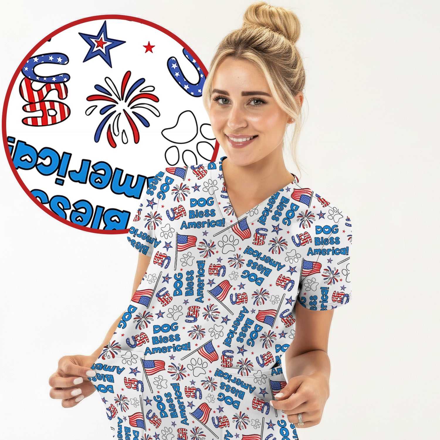 Funny Patriotic Dog Bless America Flag Pattern Scrub Top, Comfortable Scrubs for Nurses
