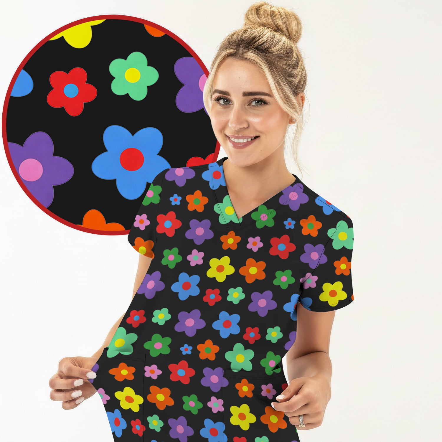 Colorful Retro Flower Pattern Print Scrub Top, Breathable Fabrics Nursing Uniform