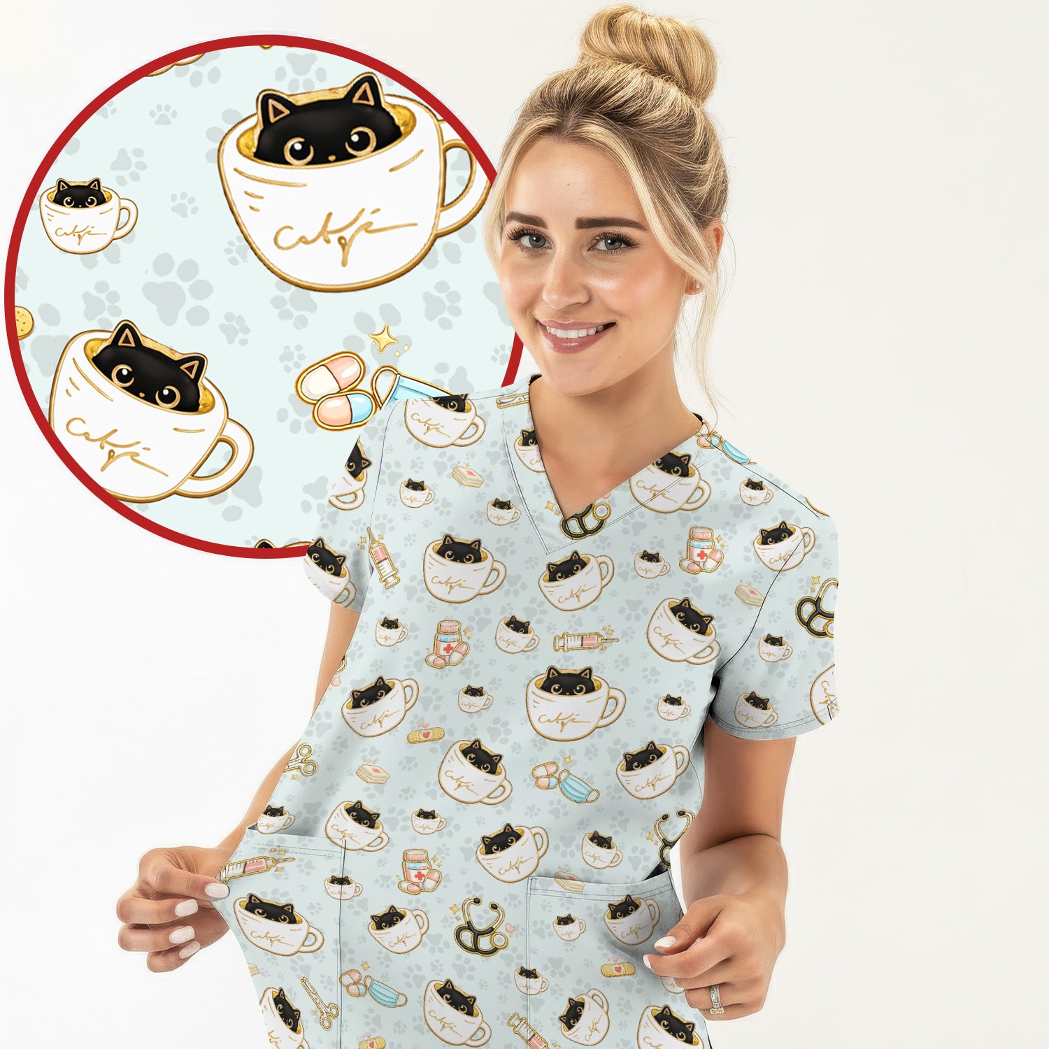 Cute Coffee Cat Medical Print Scrub Top, Breathable Fabrics Nursing Uniform