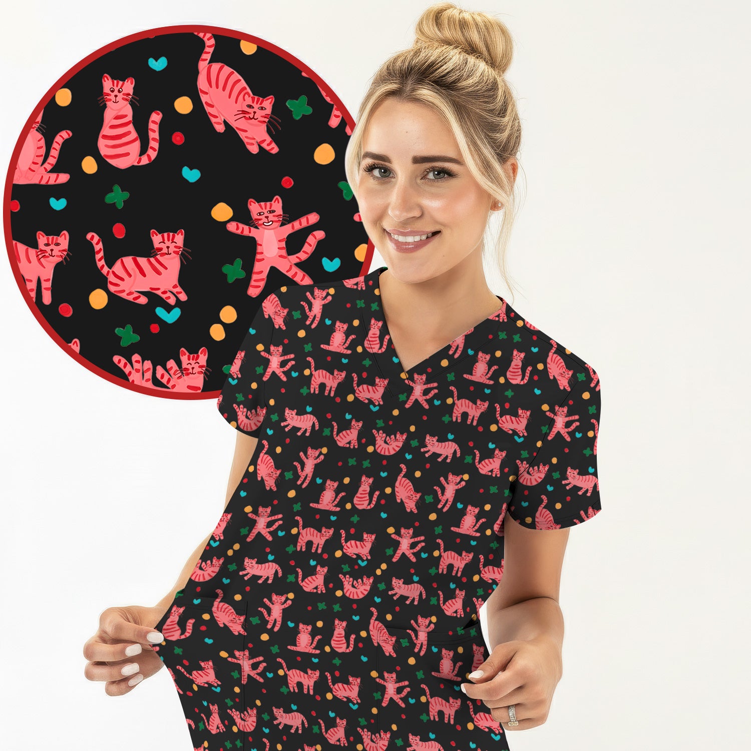Cute Pink Cat Pattern Scrub Top, Comfortable Scrubs for Nurses
