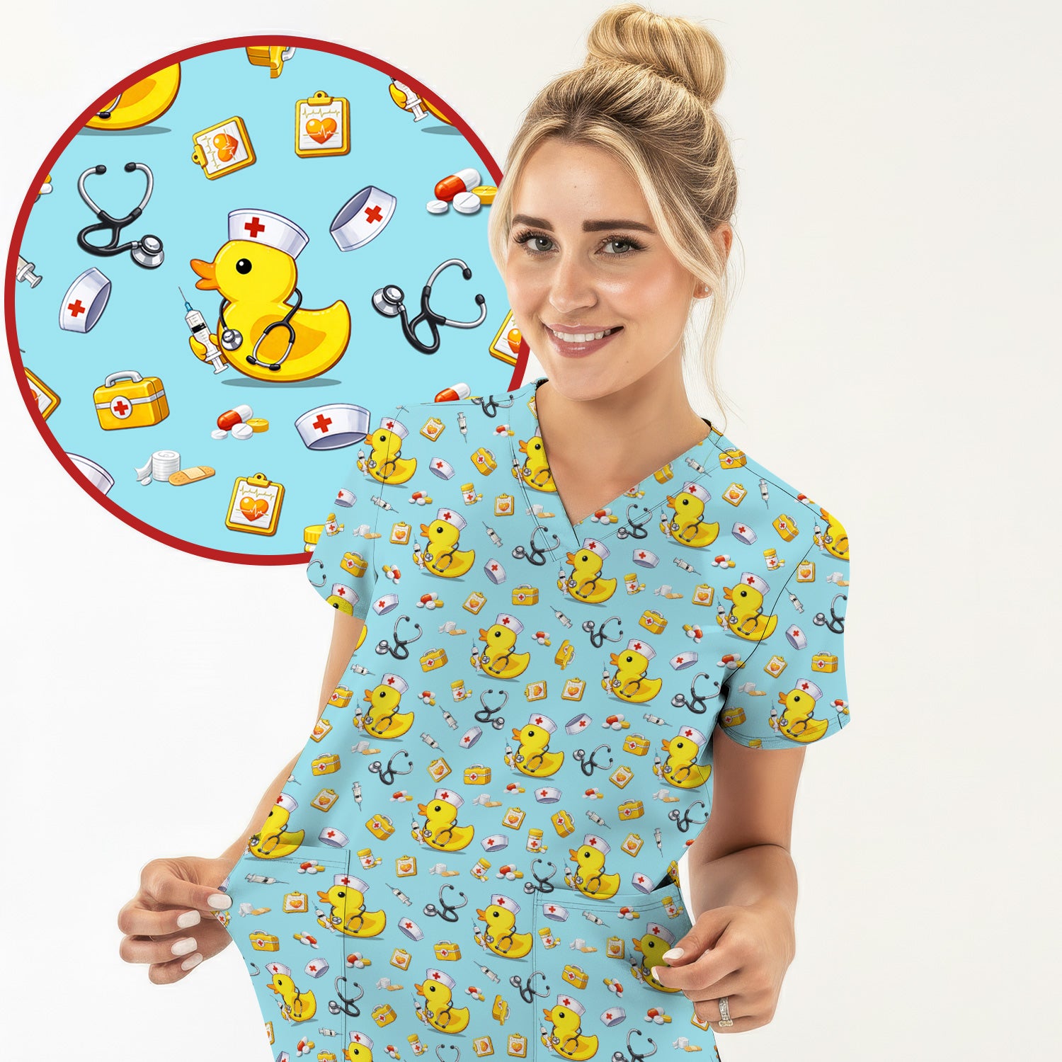 Playful Medical Duck Print Nurse Scrub Top, Comfortable Scrubs for Nurses