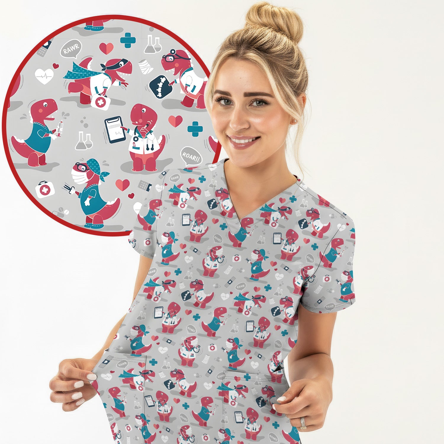 Cute Dinosaur Doctor Medical Pattern Scrub Top, Breathable Fabrics Nursing Uniform