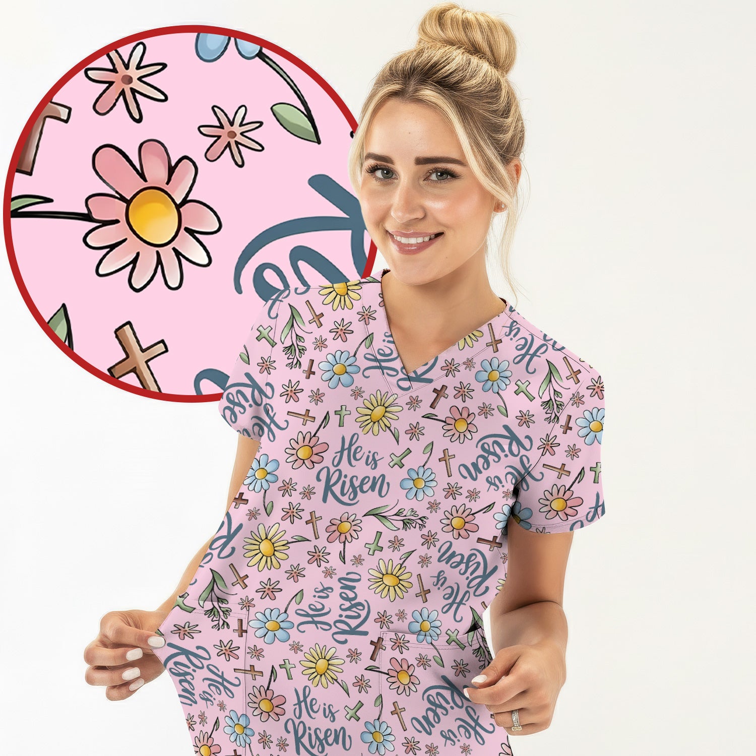 He Is Risen Cross Flower Pattern Scrub Top, Comfortable Scrubs For Nurses