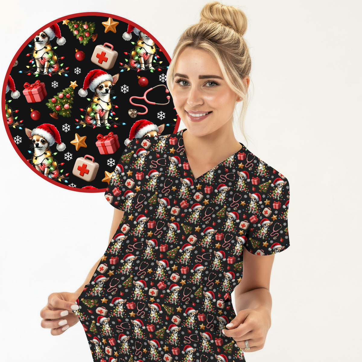 Funny Chihuahua Nurse Scrub Top, Christmas Dog Pattern Medical Shirt, Holiday Scrubs for RN, LPN, CNA, Vet Tech Gift