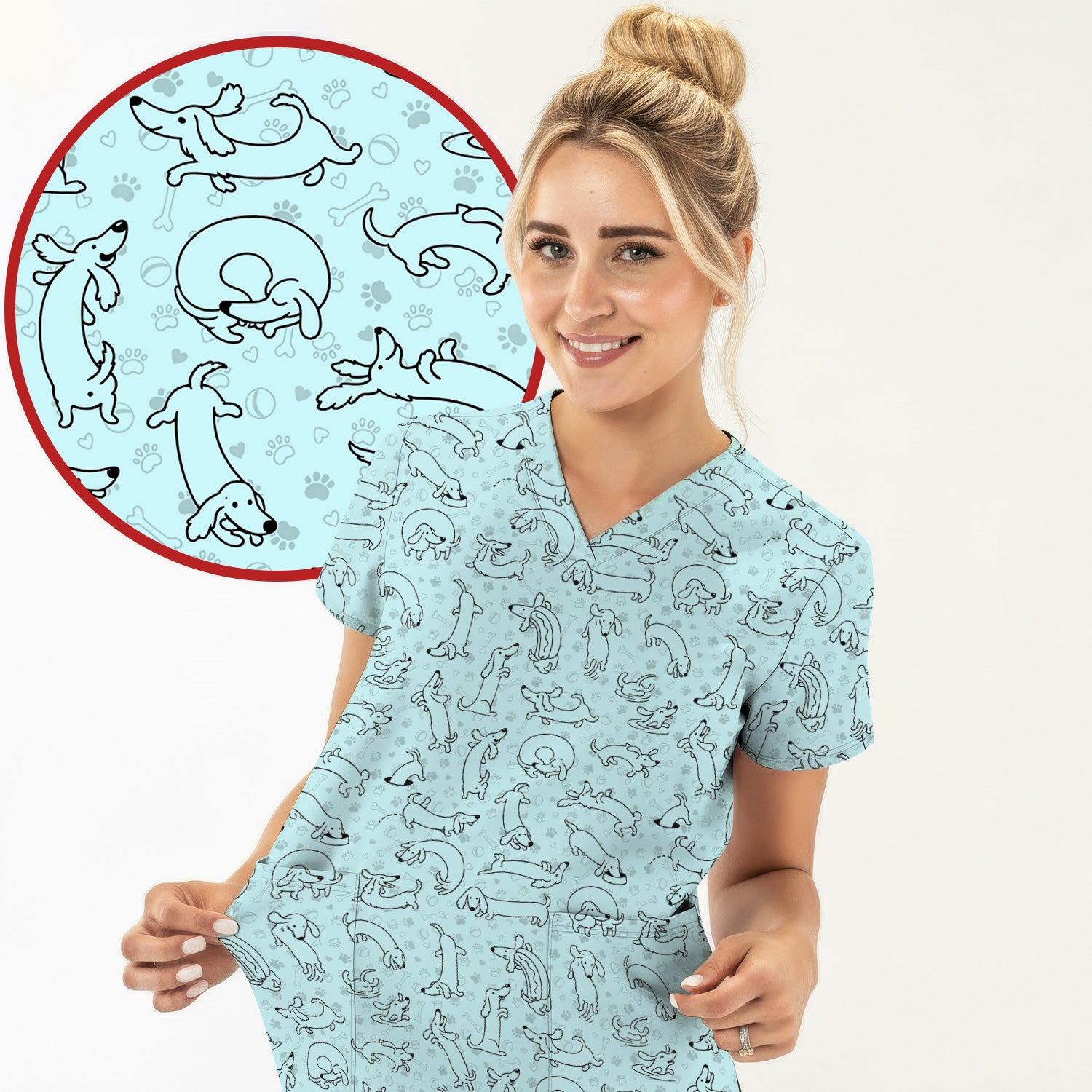 Playful Dachshund Dog Line Art Print Scrub Top, Comfortable Scrubs for Nurses