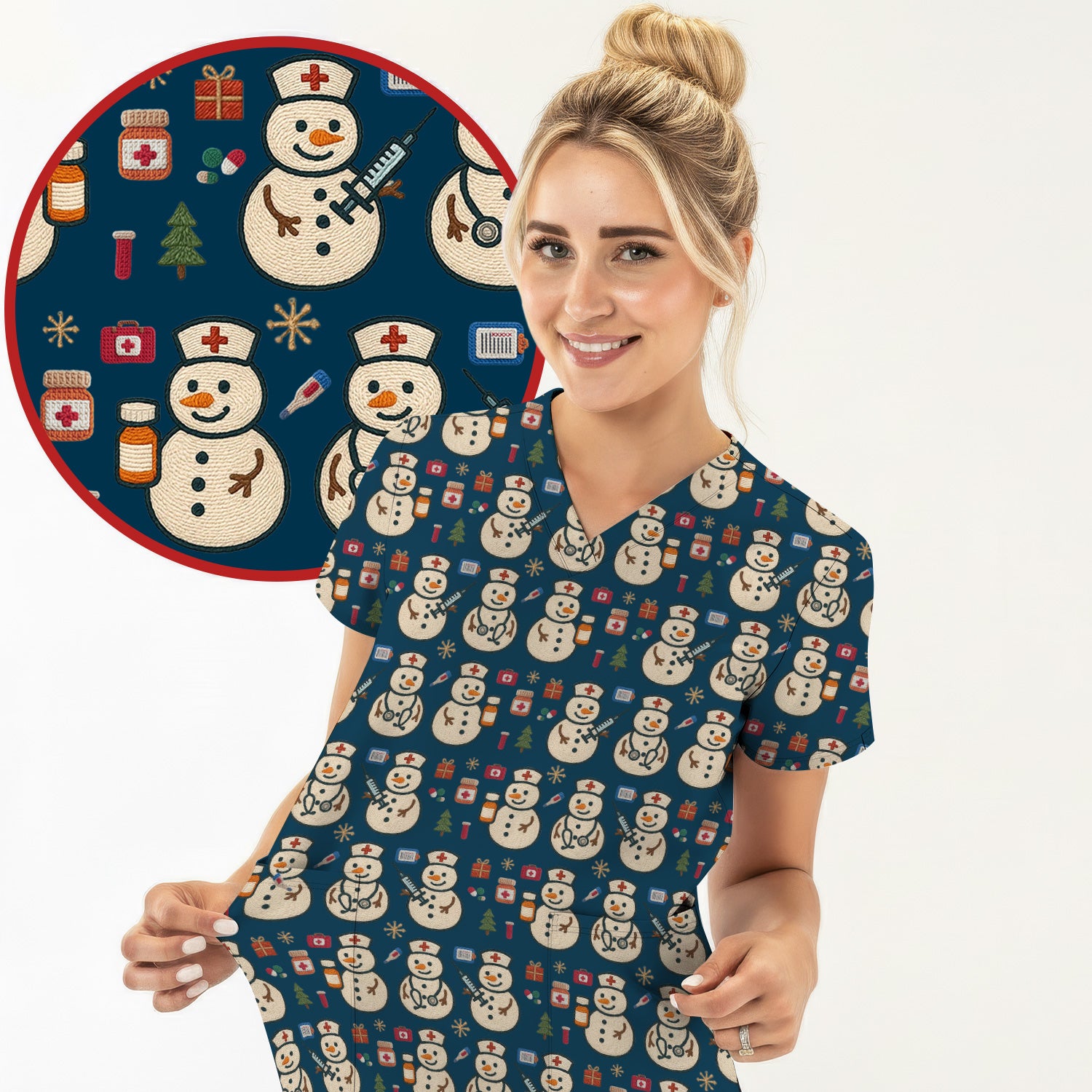 Snowman Nurse Christmas Scrub Top – Festive Medical Pattern Shirt – Cute Holiday Uniform For Nursing