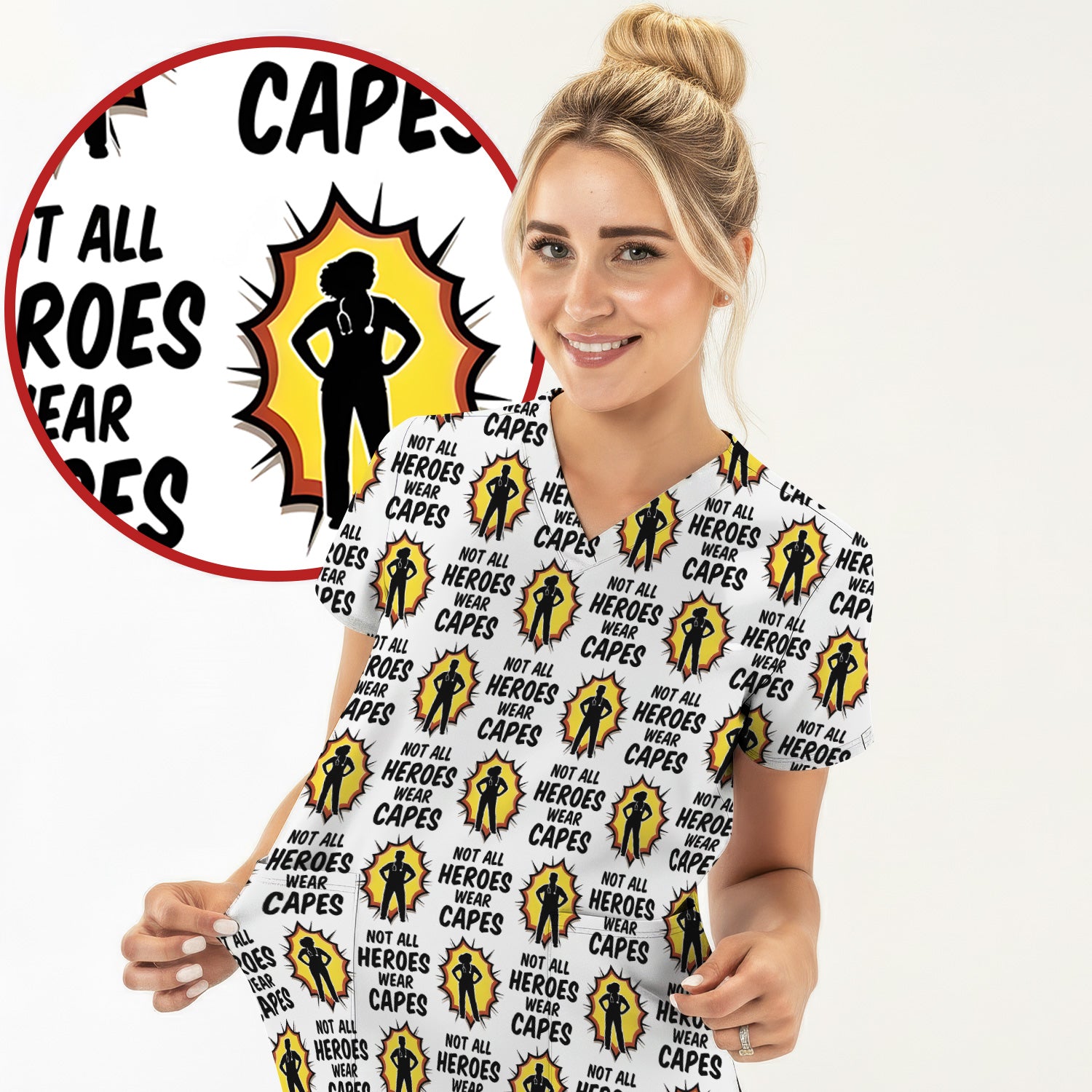 Not All Heroes Wear Capes Nurse Pattern Scrub Top, Comfortable Scrubs for Nurses