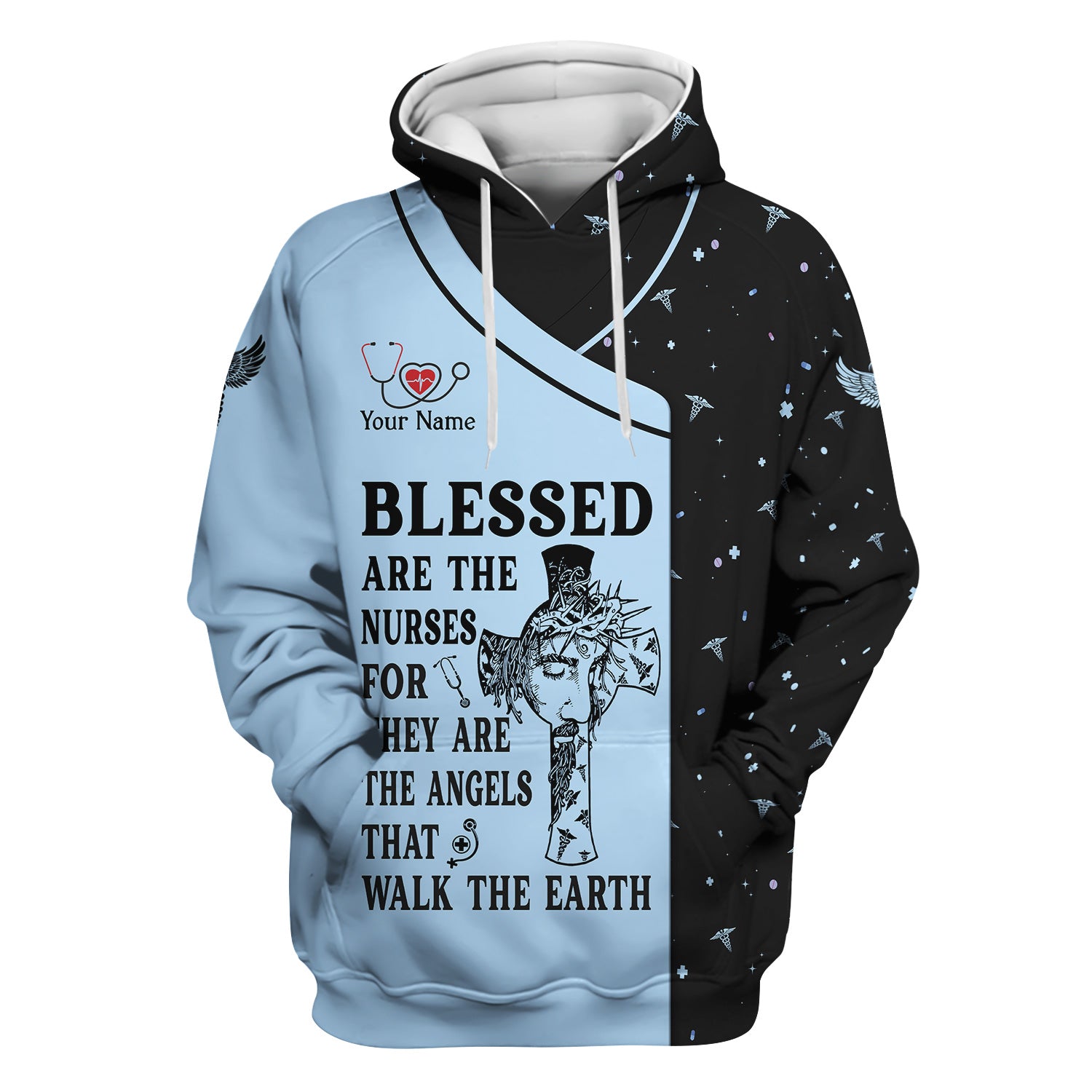 Personalized Christian Nurse Scrub Top - Jesus Cross & Angels That Walk The Earth Quote - Gift for Women RN LPN