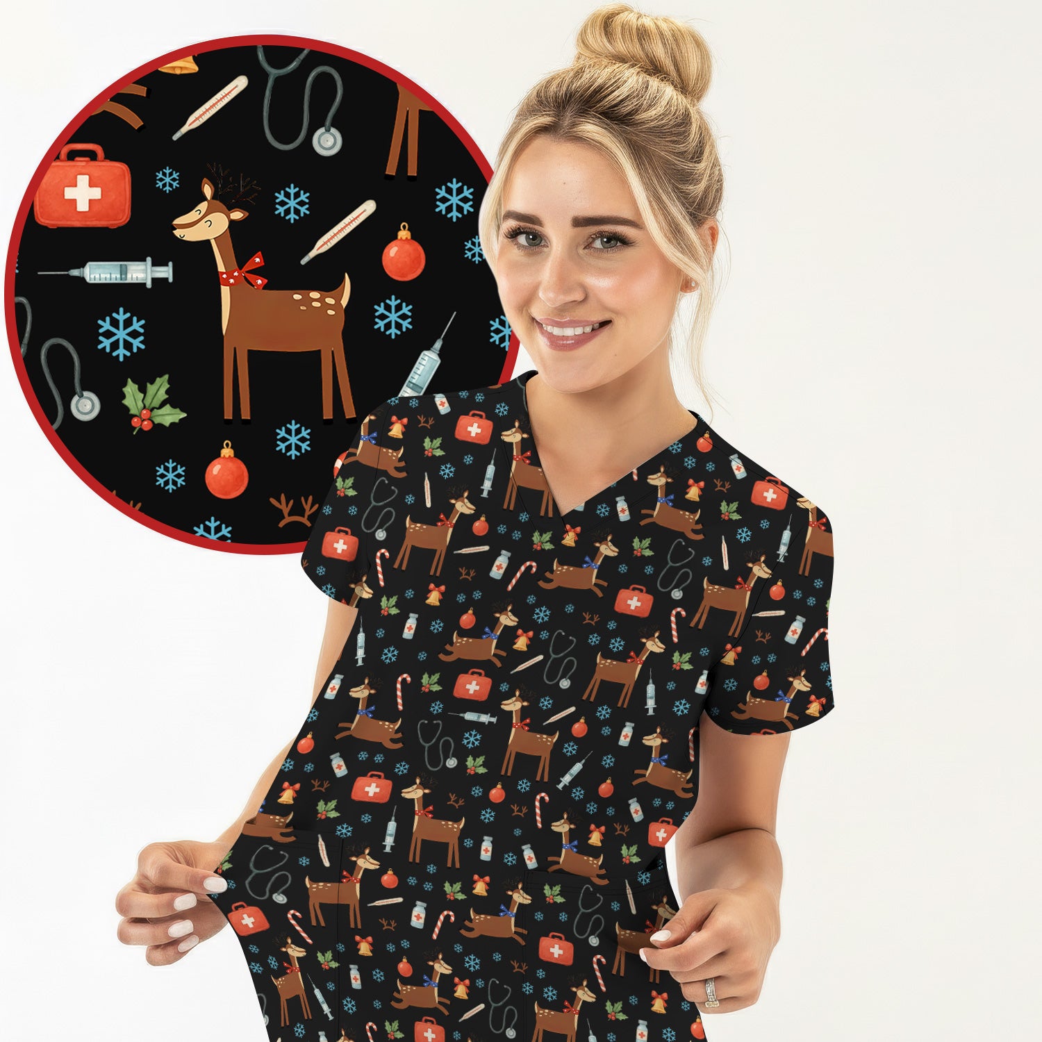 Christmas Reindeer Scrub Top for Nurses - Cute Reindeers Snowflakes Candy Canes Shirt - Comfortable Med Uniform