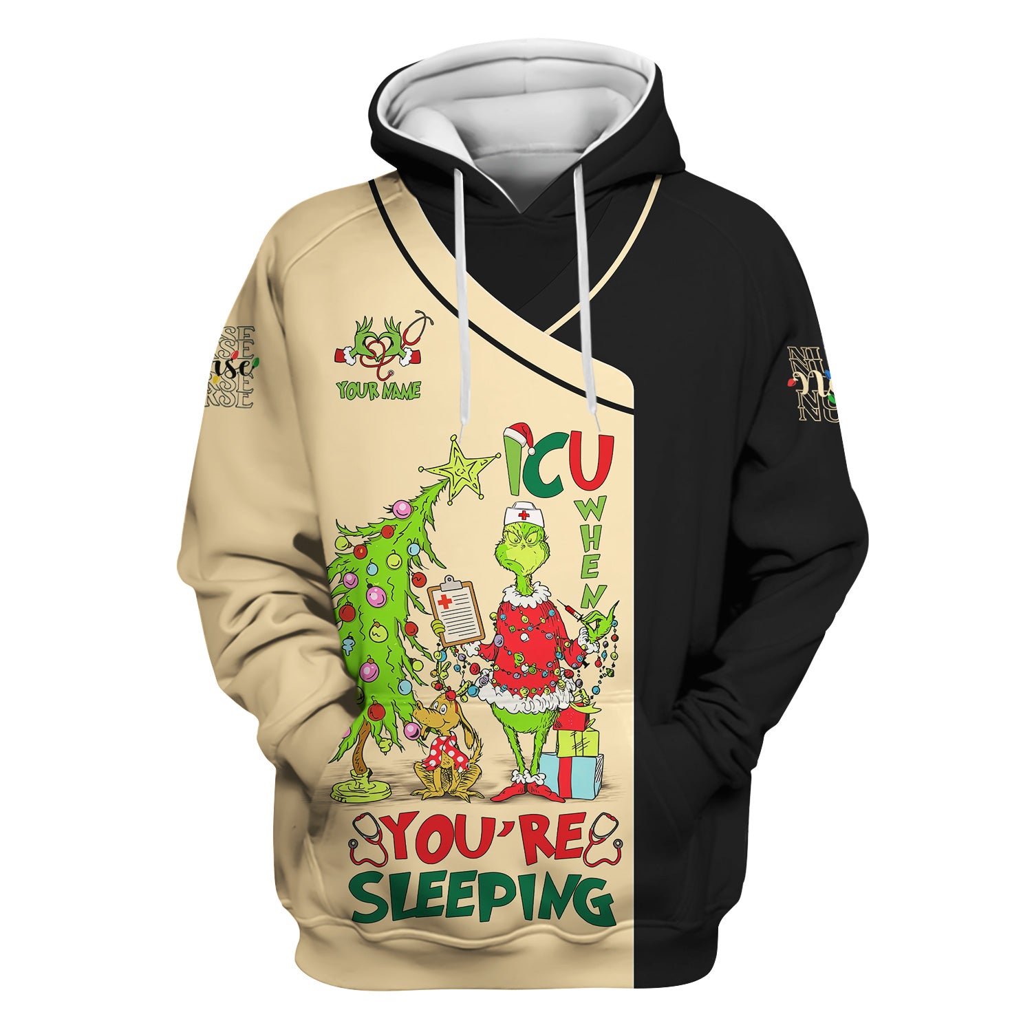 Custom Name Christmas Nurse Scrub - Grinch ICU When You’re Sleeping - LPN CNA RN Gift