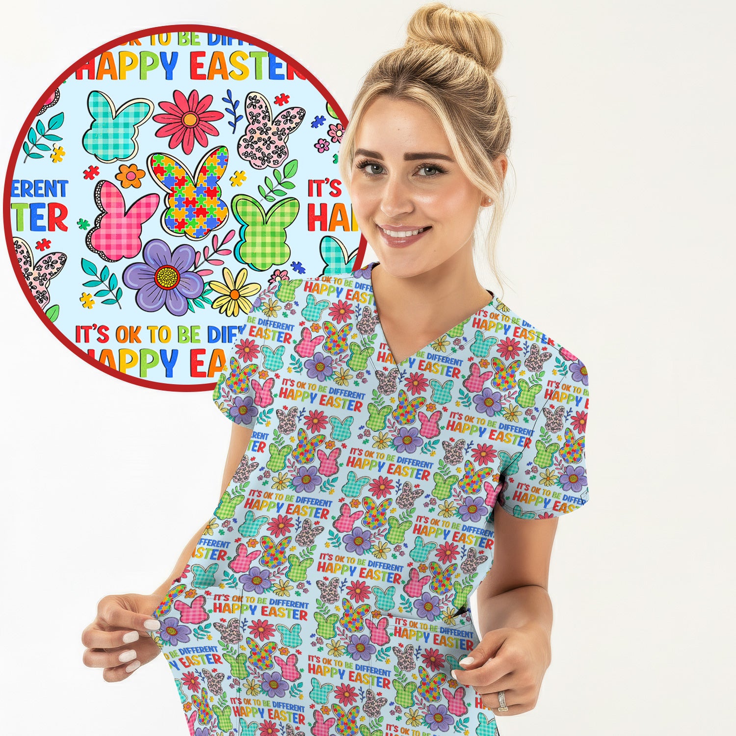 Happy Easter Bunny Floral Print Scrub Top, Breathable Fabrics Nursing Uniform