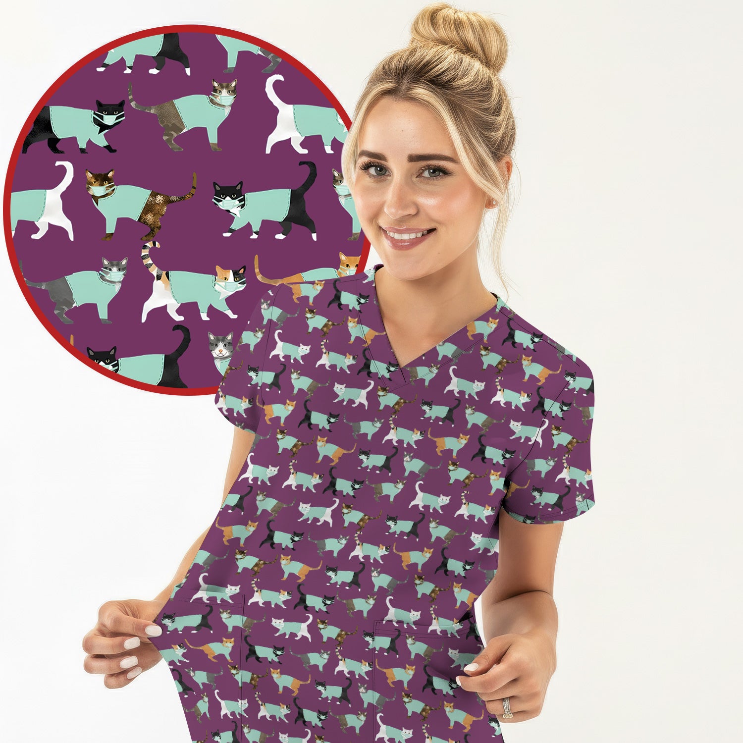 Playful Cat Nurse All Over Print Scrub Set, Scrub Pants and V Neck Top