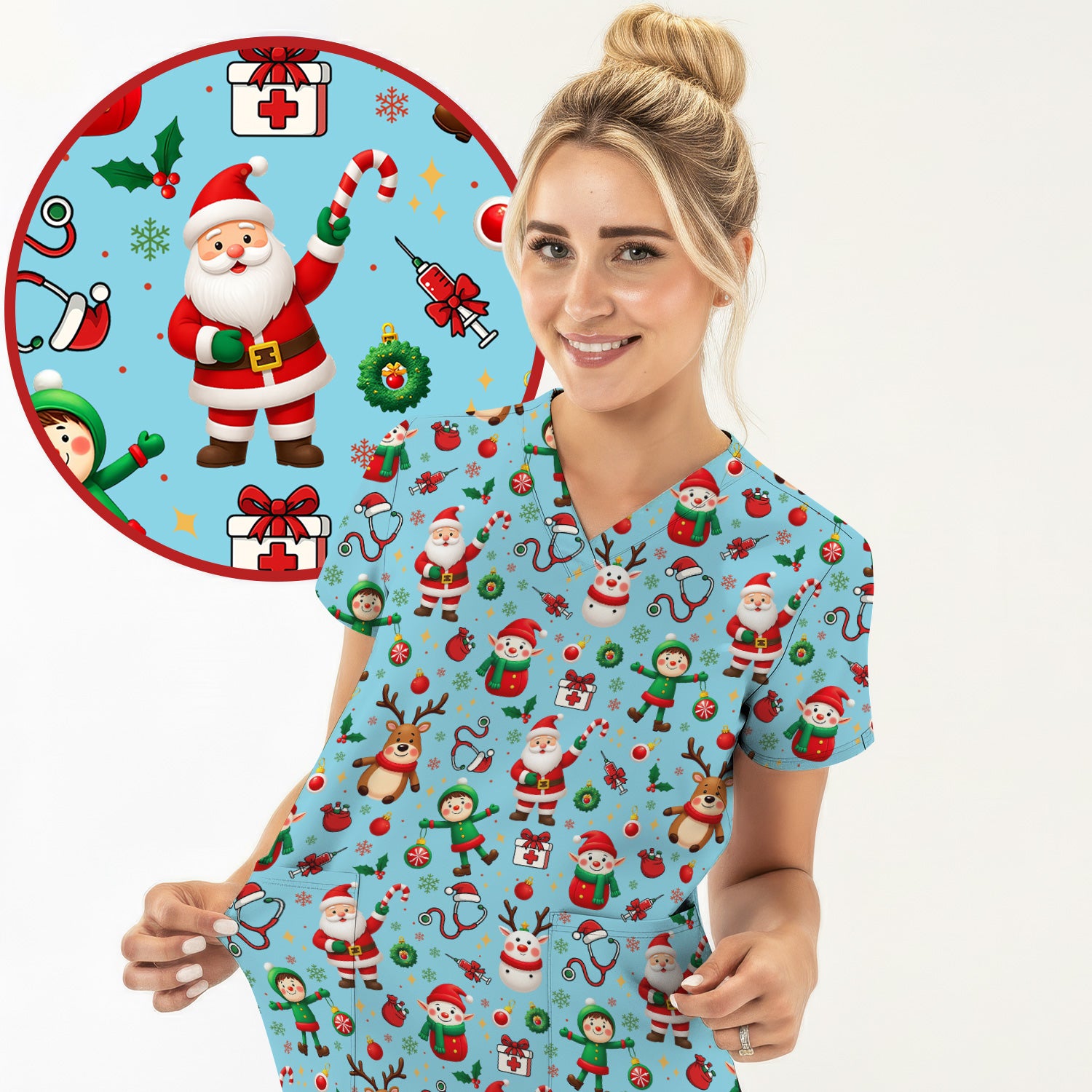 Christmas Scrub Top for Nurse - Cute Santa Elf Reindeer Medical Shirt - Festive Holiday Scrubs for Women RN CNA LPN Gift